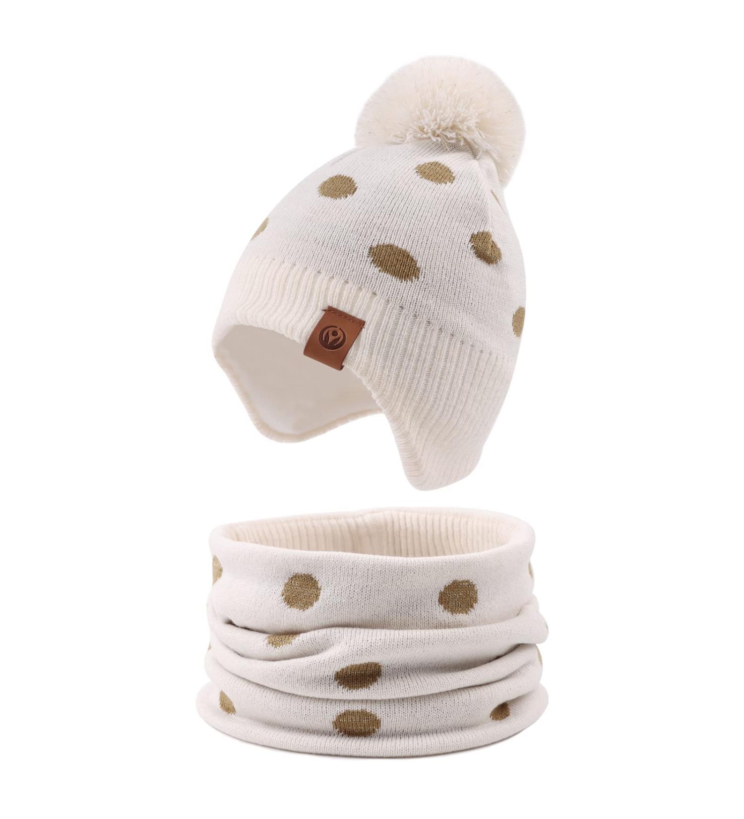 XIAOHAWANG Knitted Baby Hat with Pompom, Beige Winter Beanie for Toddler Kids 2-4 Years - Buy Online on GoSupps.com