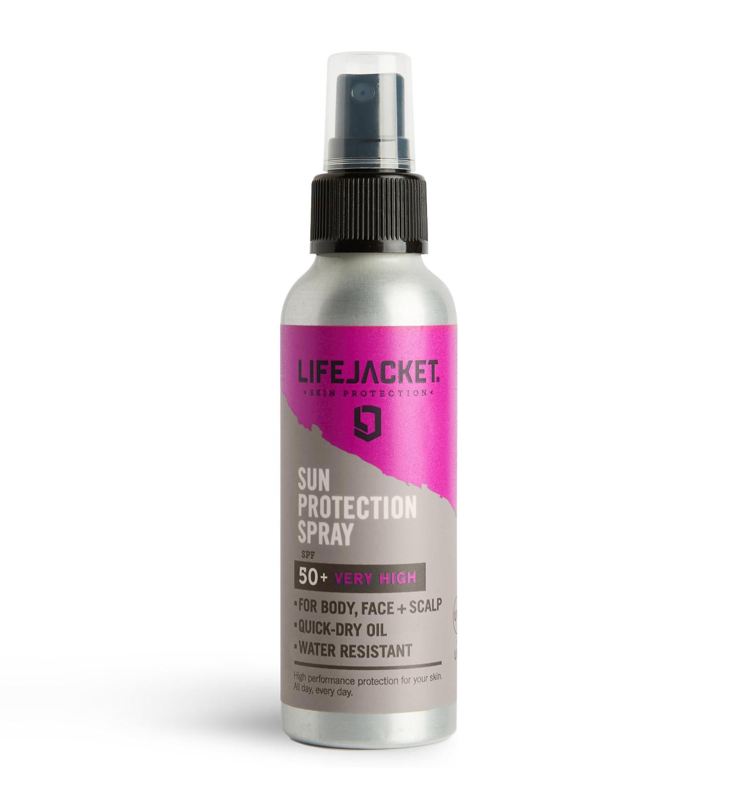 SPF50+ Sun Protection Spray - High Factor UVA 5* Ultra UVB Water Resistant Non Greasy Sun Cream SPF 50 Quick Dry Oil Spray For Face Body and Scalp. Suitable for Men & Women. LifeJacket Skin 100ml - Buy Online on GoSupps.com