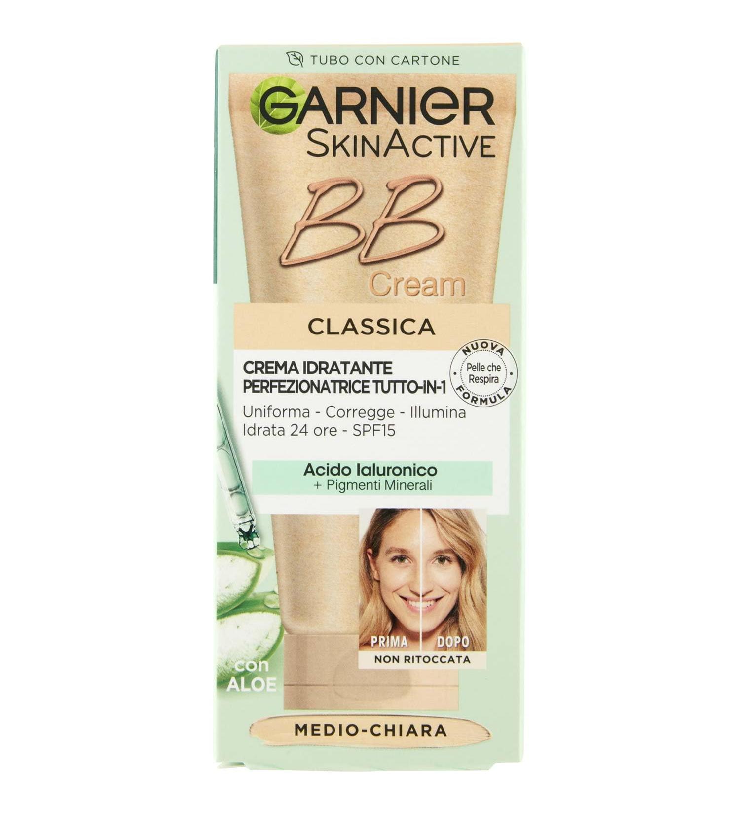 Garnier BB cr me classique SkinActive pour peau uniforme et hydrat e look naturel enrichi en acide hyaluronique Aloe Vera et pigments min raux SPF 15 Teinte : Moyen-clair Classique Moyen-Clair - Buy Online on GoSupps.com