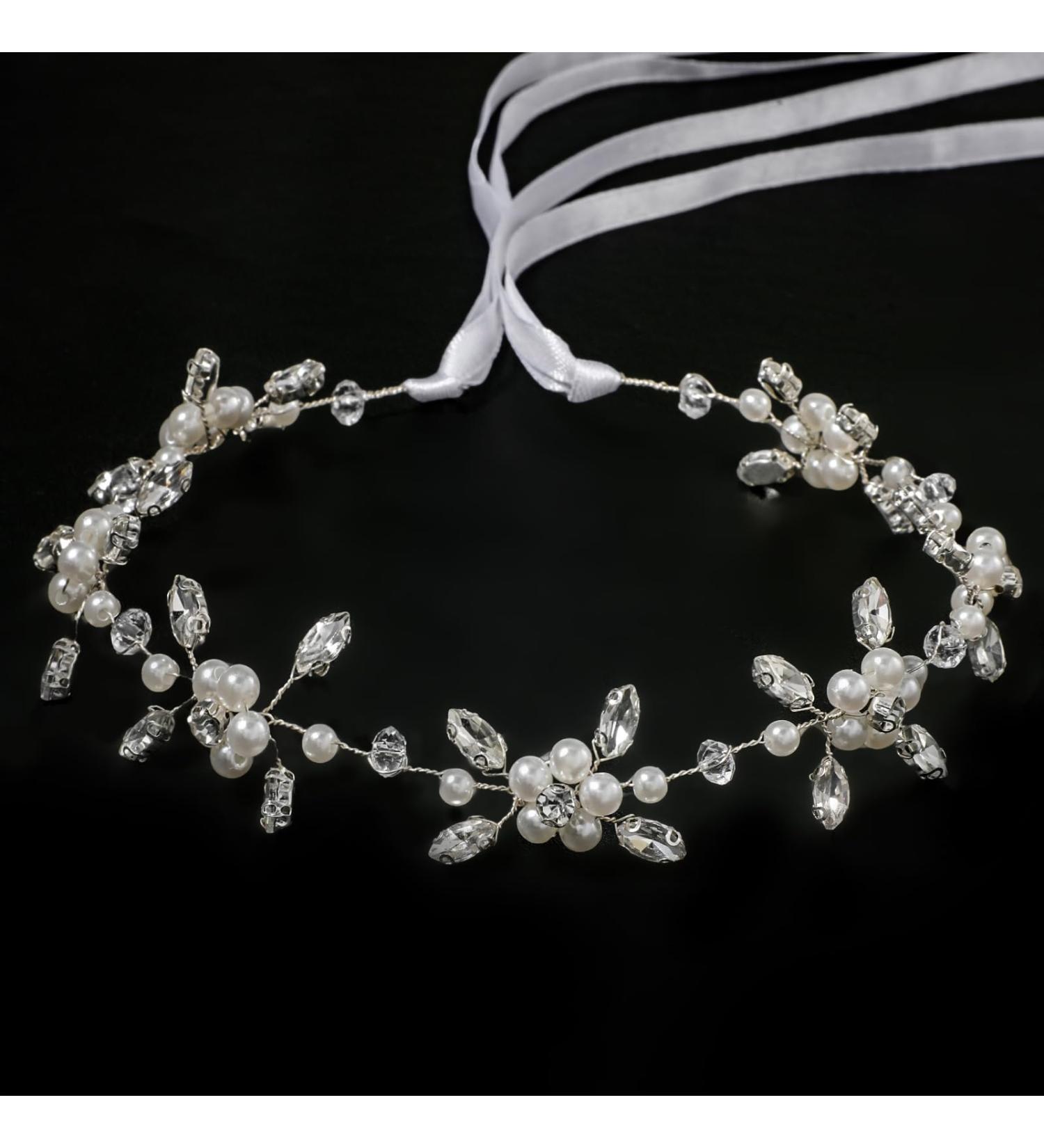 Sibba Flower Girl Headpiece Silver Wedding Headband Pearl Hair Accessory Princess Crystal Head Wear Women White Rhinestones Hairbands Bridal Hair Hoop for Birthday Party First Communion - Buy Online on GoSupps.com