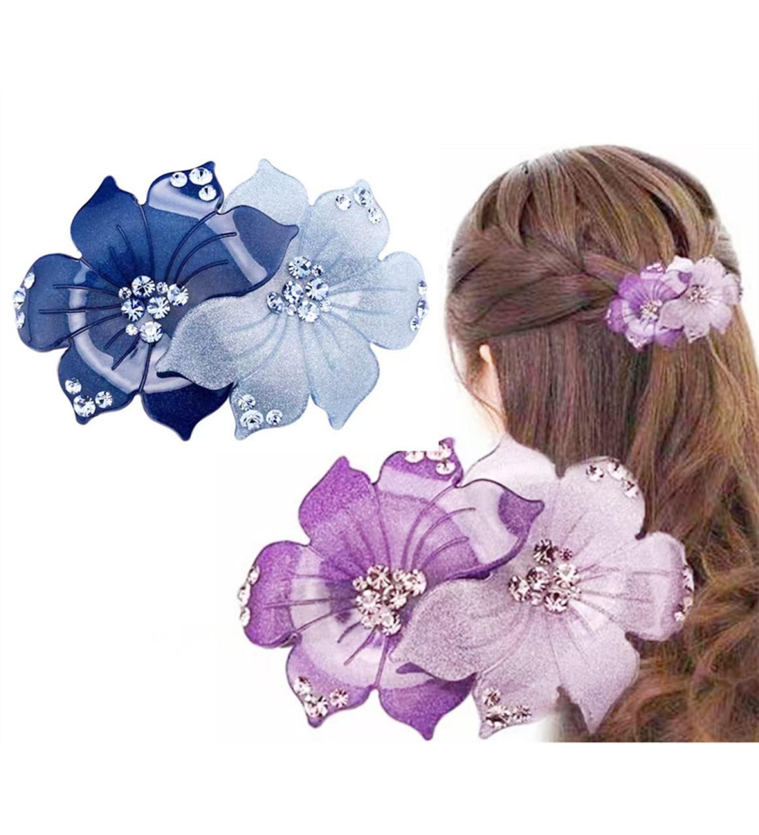 Chicmo 2-Pack Women's Acrylic Flower Barrette Set - Floral Colorblock Hair Clips with Rhinestones - Elegant Party Accessories (Purple & Blue) - Buy Online on GoSupps.com