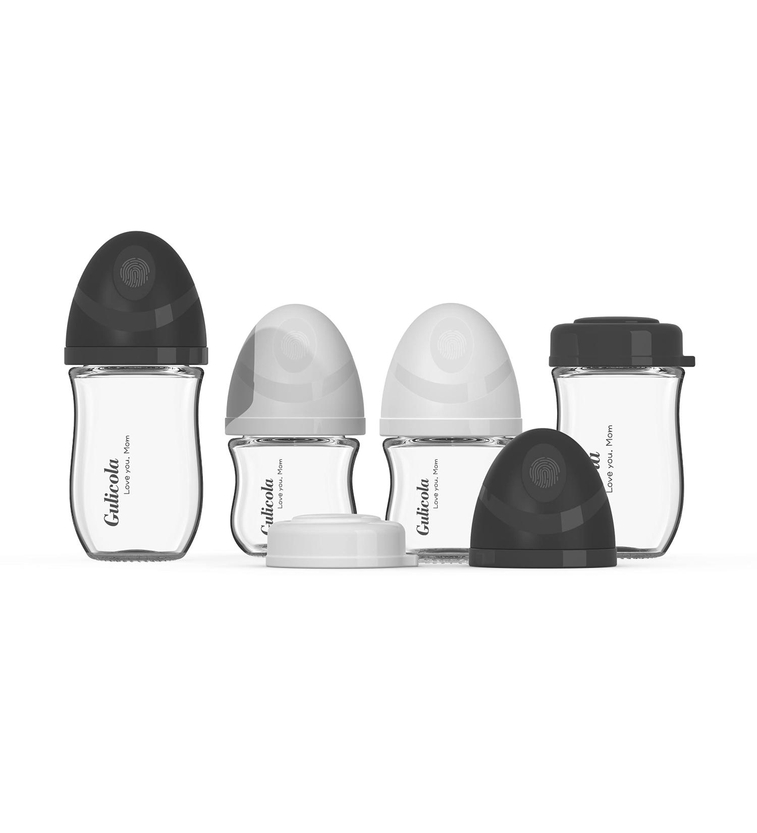 Gulicola Natural Glass Baby Bottle Gift Set - 3 oz & 5 oz, Extra Slow Flow Nipple, 0-3 Months - 4 Pack, Black/White Unisex - Buy Online on GoSupps.com