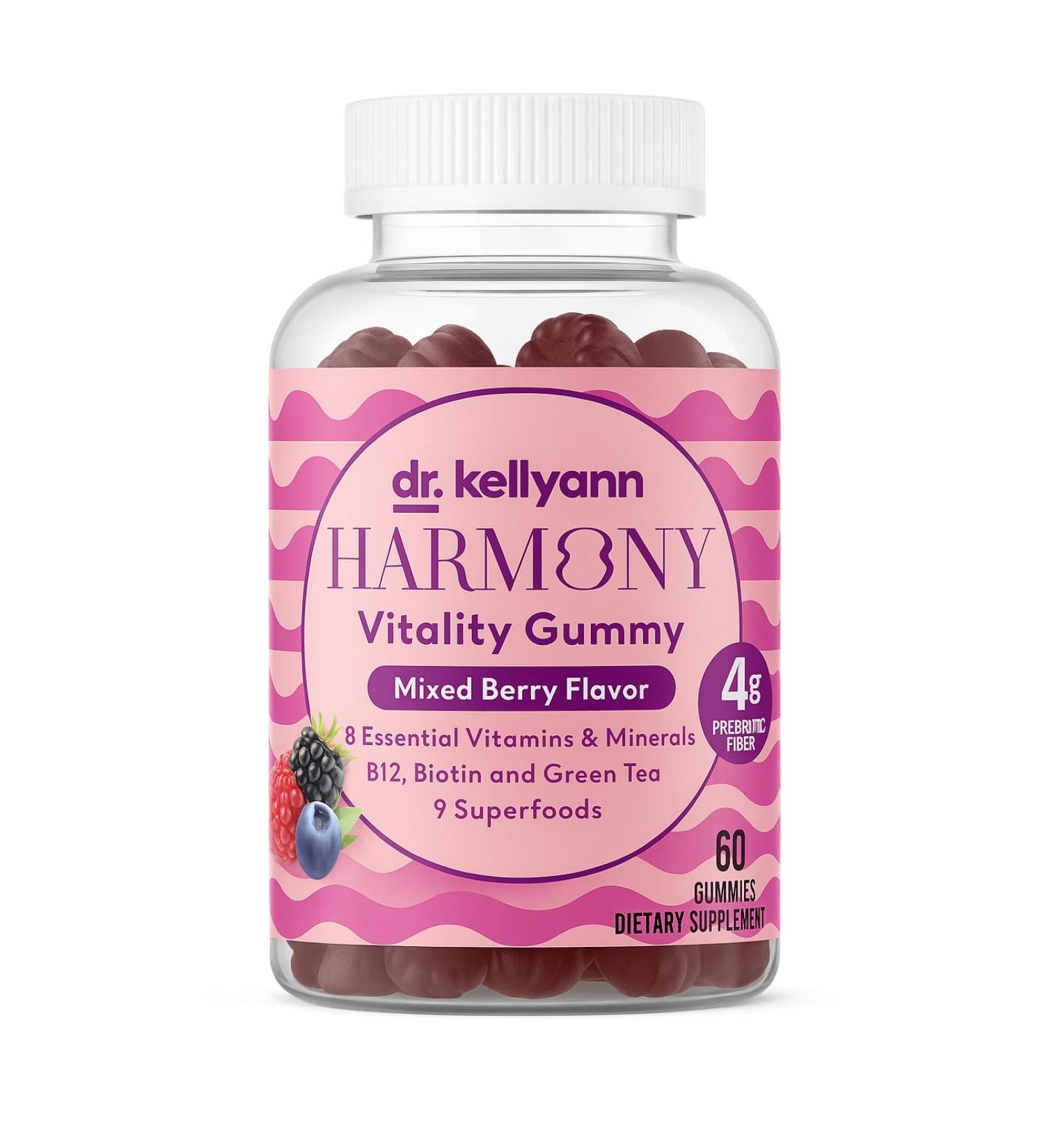 Dr. Kellyann Harmony Vitality Gummies | Mixed Berry | B12 Biotin Green Tea Prebiotic Fiber & Superfoods | Vegan Non-GMO Gluten-Free | 60 Gummies