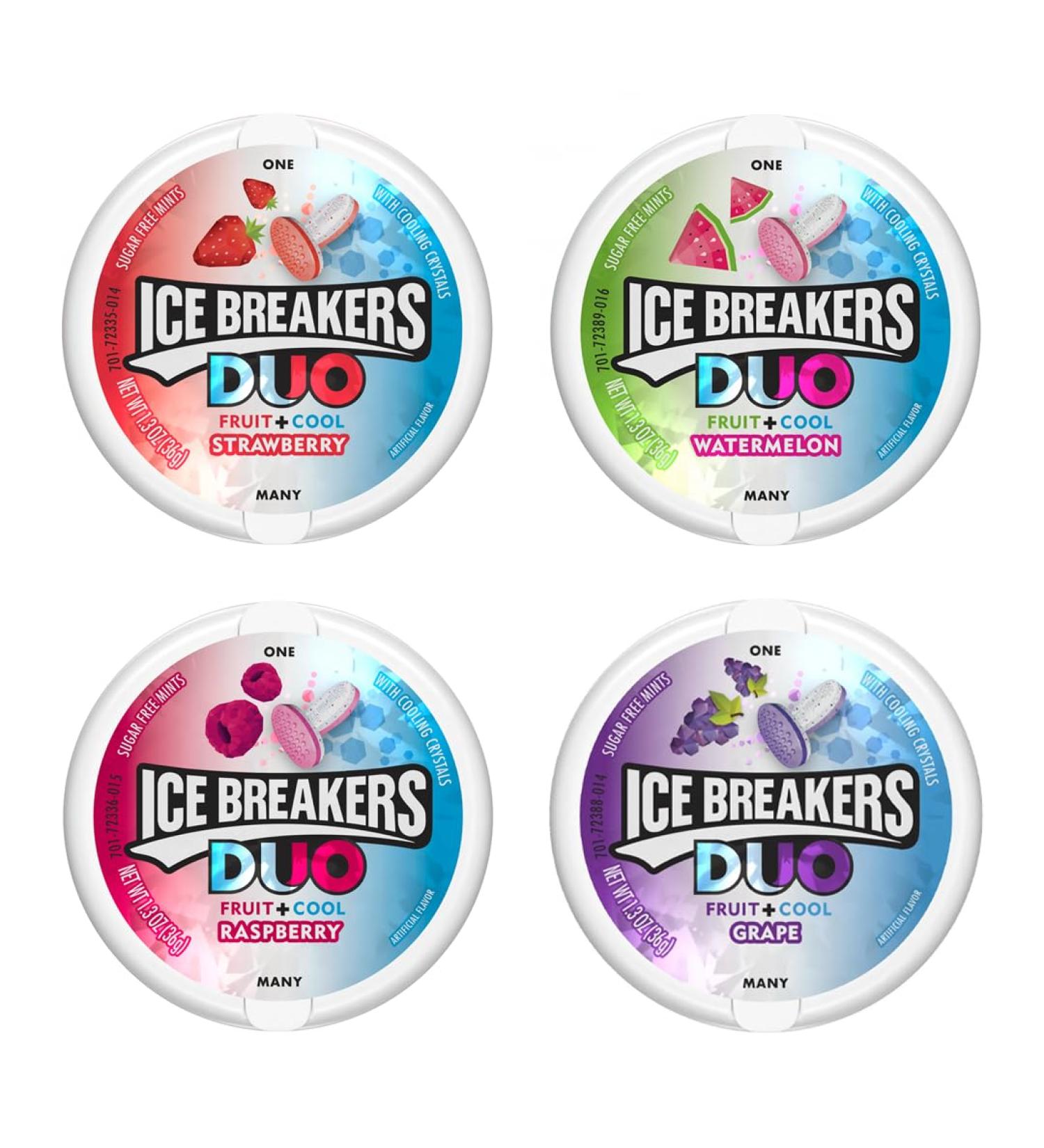 Ice Breakers Sugar Free Mints (Duo Fruit+Cool -Grape/Watermelon/Raspberry/Strawberry (Pack of 4x36g)) - Buy Online on GoSupps.com