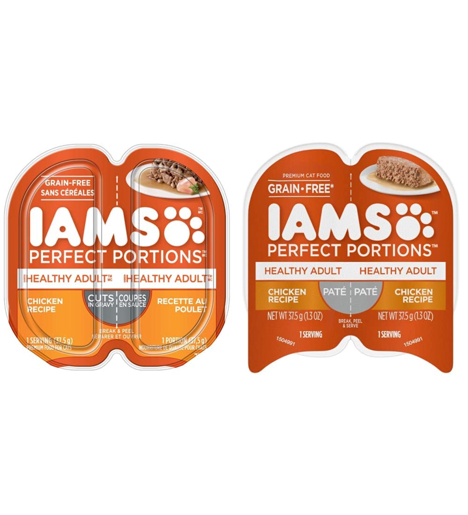 IAMS Perfect PORTIONS Healthy Adult Wet Cat Food Cuts in Gravy - Chicken Flavour 75g Tray Orange & Perfect PORTIONS Healthy Adult Grain Free* Wet Cat Food Pate 2.6 oz. Easy Peel Twin-Pack Trays Cat Food + Cat Food 2.6 oz - Buy Online on GoSupps.com