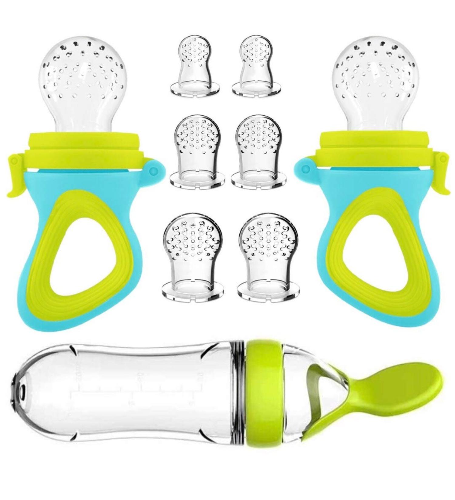 Baby Food Feeder 2 Pack Fruit Pacifier Set | 6 Silicone Pacifiers | Dispensing Spoon | Baby Feeding Set in Green - Buy Online on GoSupps.com