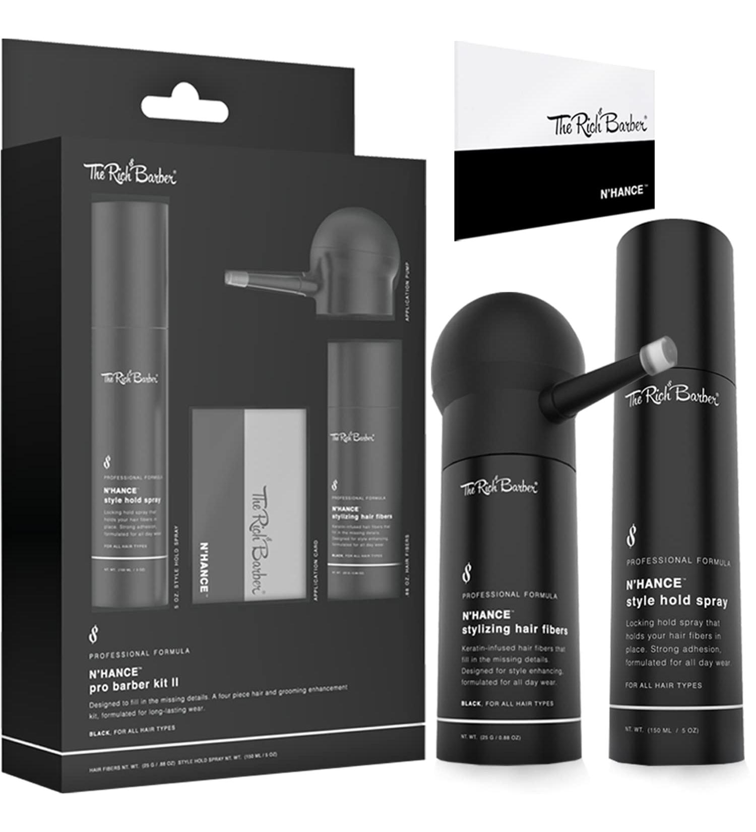 The Rich Barber NHance Hair Building Fibers Set - 4-in-1 Hold Spray Applicator & Style Card Kit (Black) - Buy Online on GoSupps.com