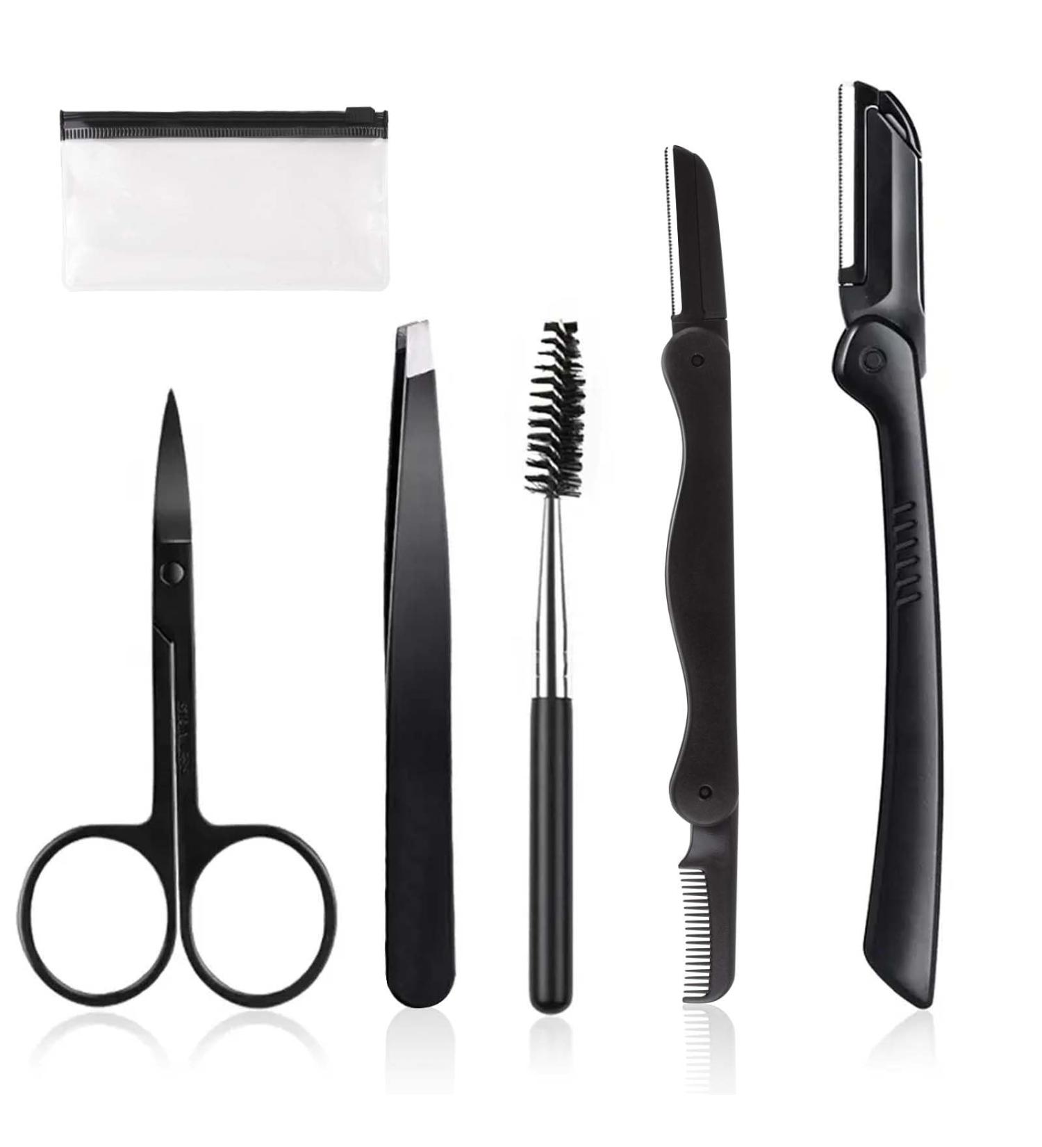 5pcs Stainless Steel Eyebrow Grooming Kit with Tweezers - Eyebrow Razors, Trimmer, Brush, Scissors, Slant Tweezers - Men and Women Beauty Tool - Buy Online on GoSupps.com