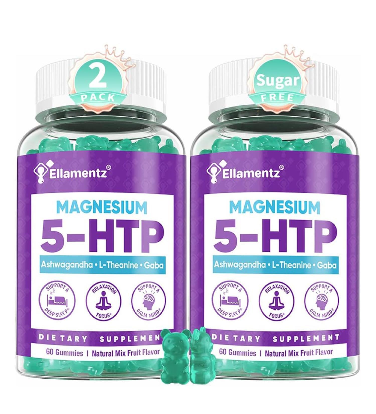 ELLAMENTZ 5HTP Gummies + GABA - Melatonin Free -Magnesium Glycinate Ashwagandha L-Theanine L-Tryptophan & Vitamin D3 | Relaxation & Calm Gummies | Nighttime Support for Adults 2 Pack - Buy Online on GoSupps.com