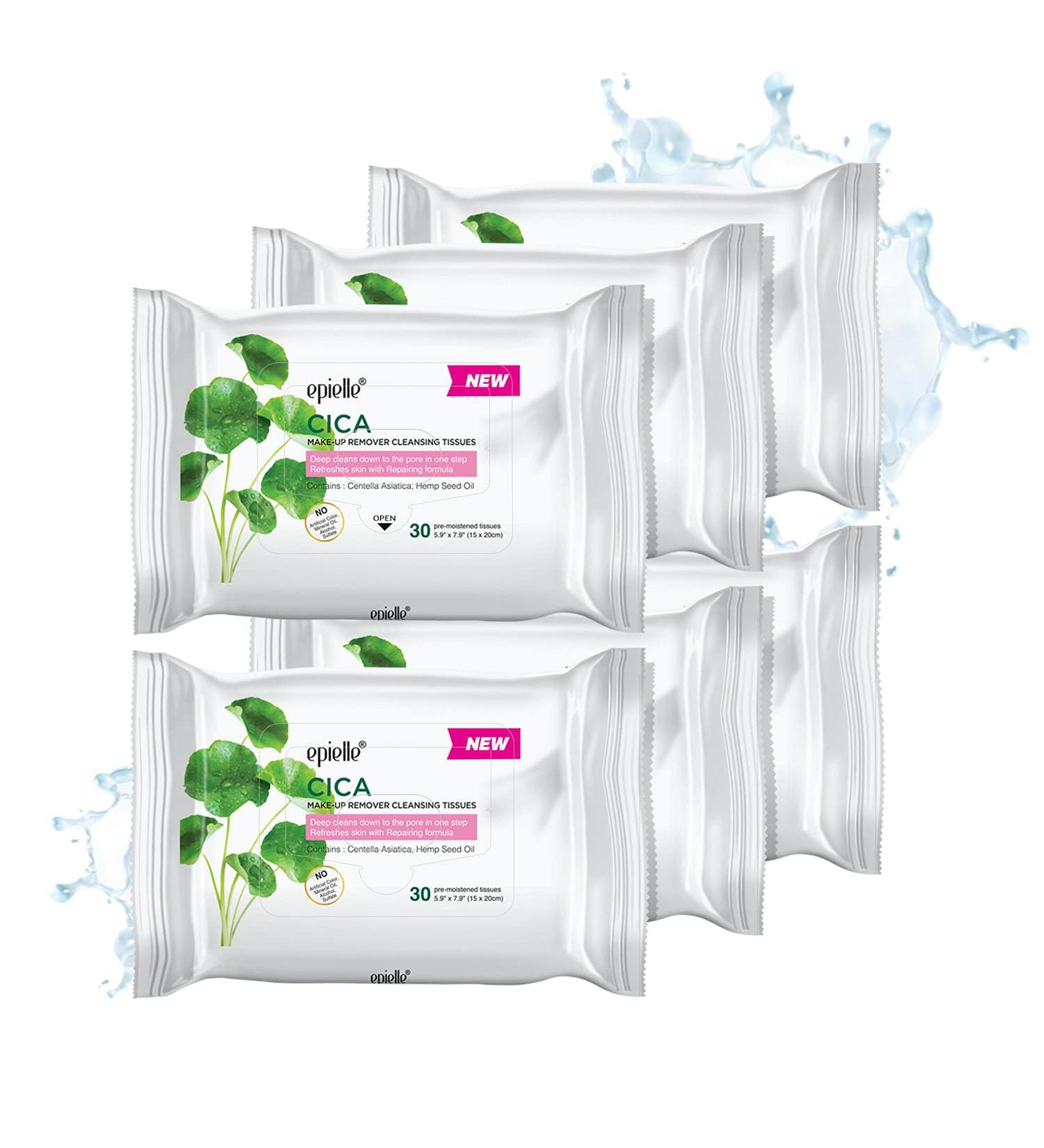 Epielle Makeup Remover Cleansing Tissues | Alcohol-Free | Cica | Removes Makeup & Mascara | 30 Count x 6 Value Pack - Buy Online on GoSupps.com