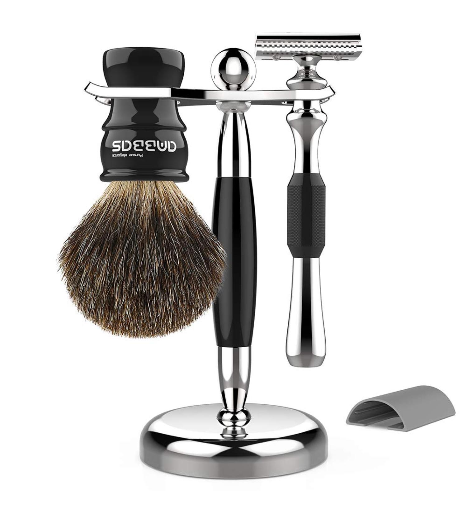 Badger Shaving Brush Set - Stainless Steel 3in1 Razor & Brush Stand | Double Edge Safety Razor & Pure Badger Brush for Men & Women - Ultimate Wet Shave Experience - Buy Online on GoSupps.com