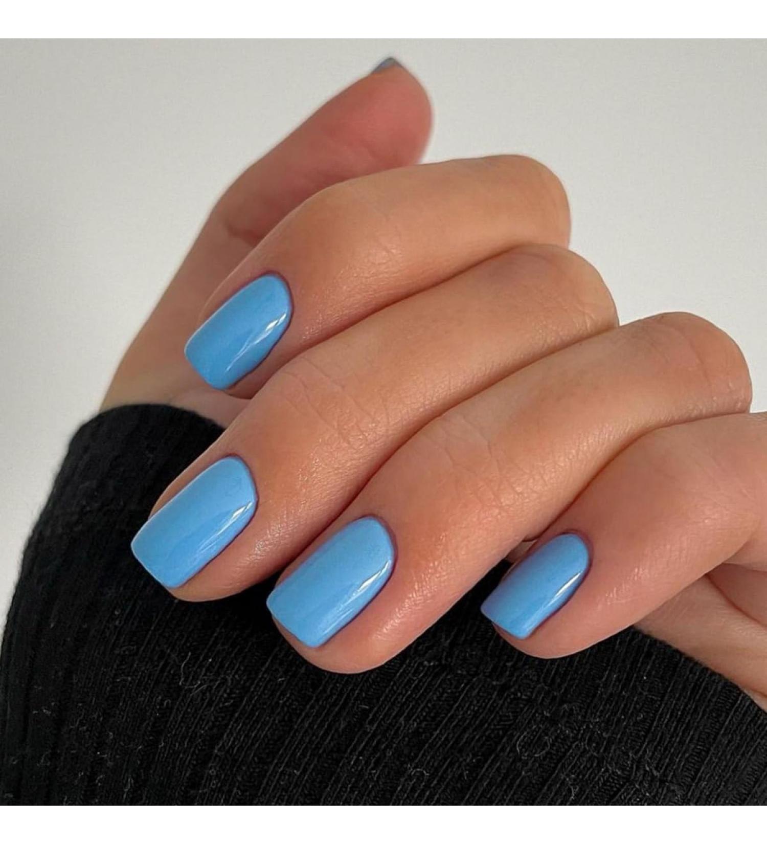 Justotry 24 pieces baby blue nails to stick on short single -colored angular press on nails design glossy artificial nails fake nails French square fingernails artificial nails for women 26blue & solid6