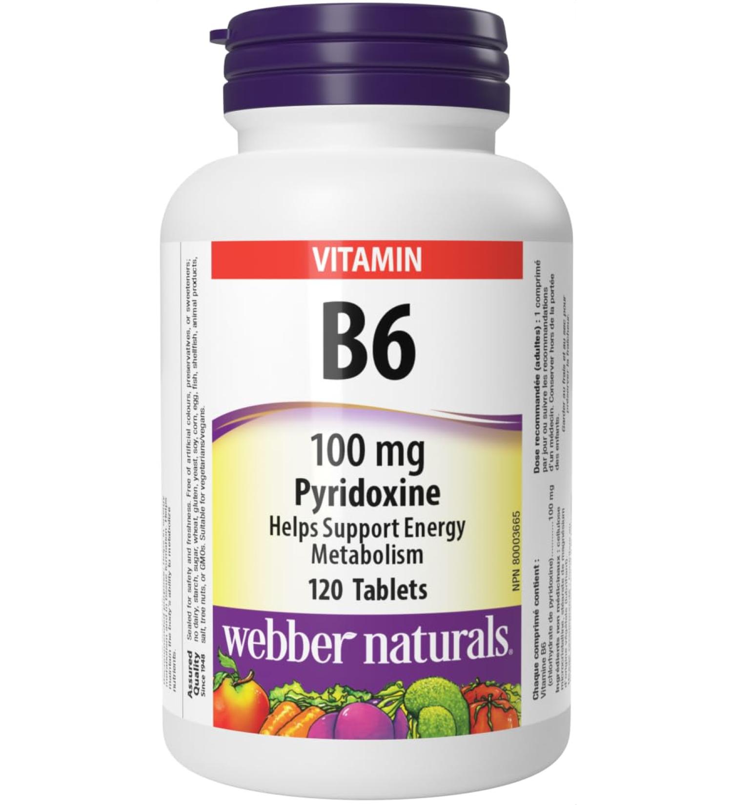 Webber Naturals Vitamin B6 Pyridoxine 100 mg 120 Tablets Supports Energy Metabolism Vegan - Buy Online on GoSupps.com