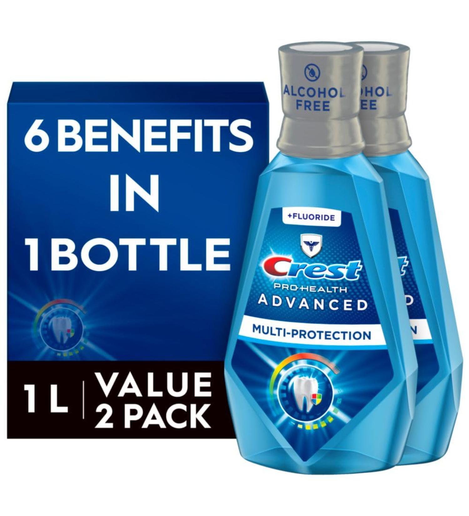Crest Pro-Health Advanced Mouthwash Alcohol Free Multi-Protection Fresh Mint 1 L (33.8 fl oz) Pack of 2 Blue - Buy Online on GoSupps.com