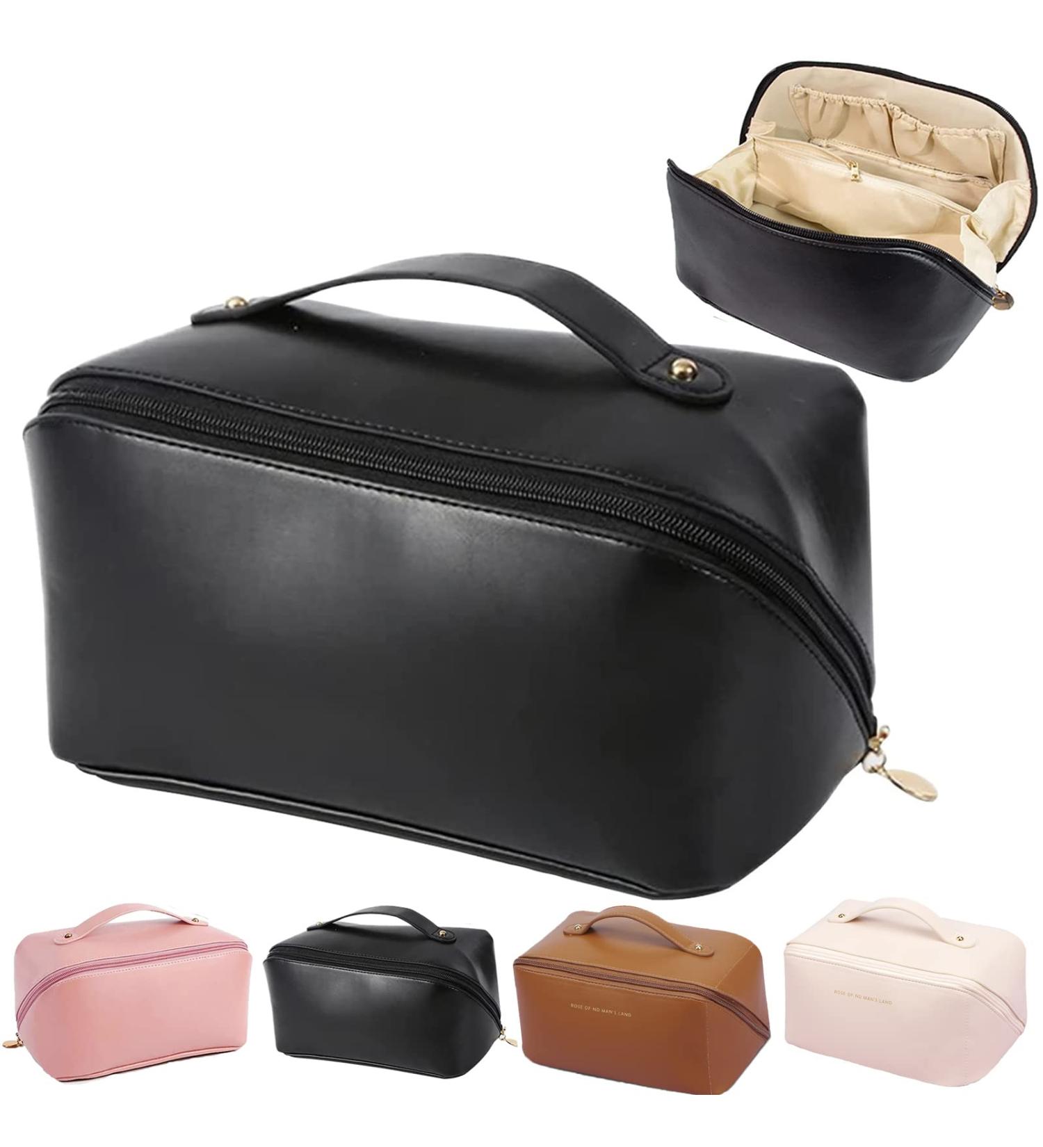 Amszke Large Capacity Travel Cosmetic Bag | Waterproof PU Leather Makeup Organizer for Women - Black - Buy Online on GoSupps.com