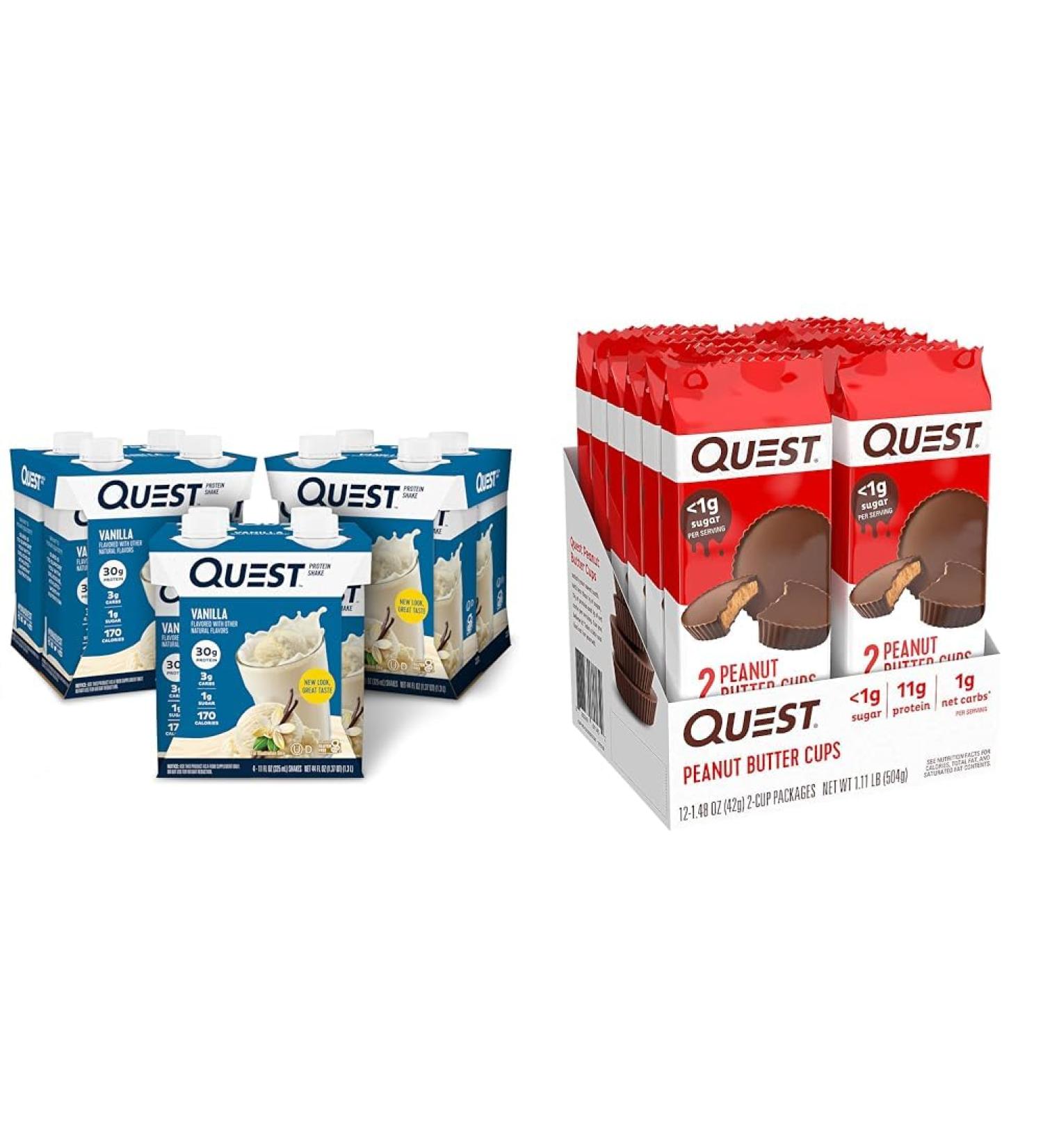 Quest Vanilla Protein Shake High Protein Low Carb Gluten Free Keto Friendly 11 Fl.Oz 4 Count (Pack of 3) and Quest Nutrition Peanut Butter Cups 12 Count (Pack of 1) (total- 17.76 Ounce) - Buy Online on GoSupps.com