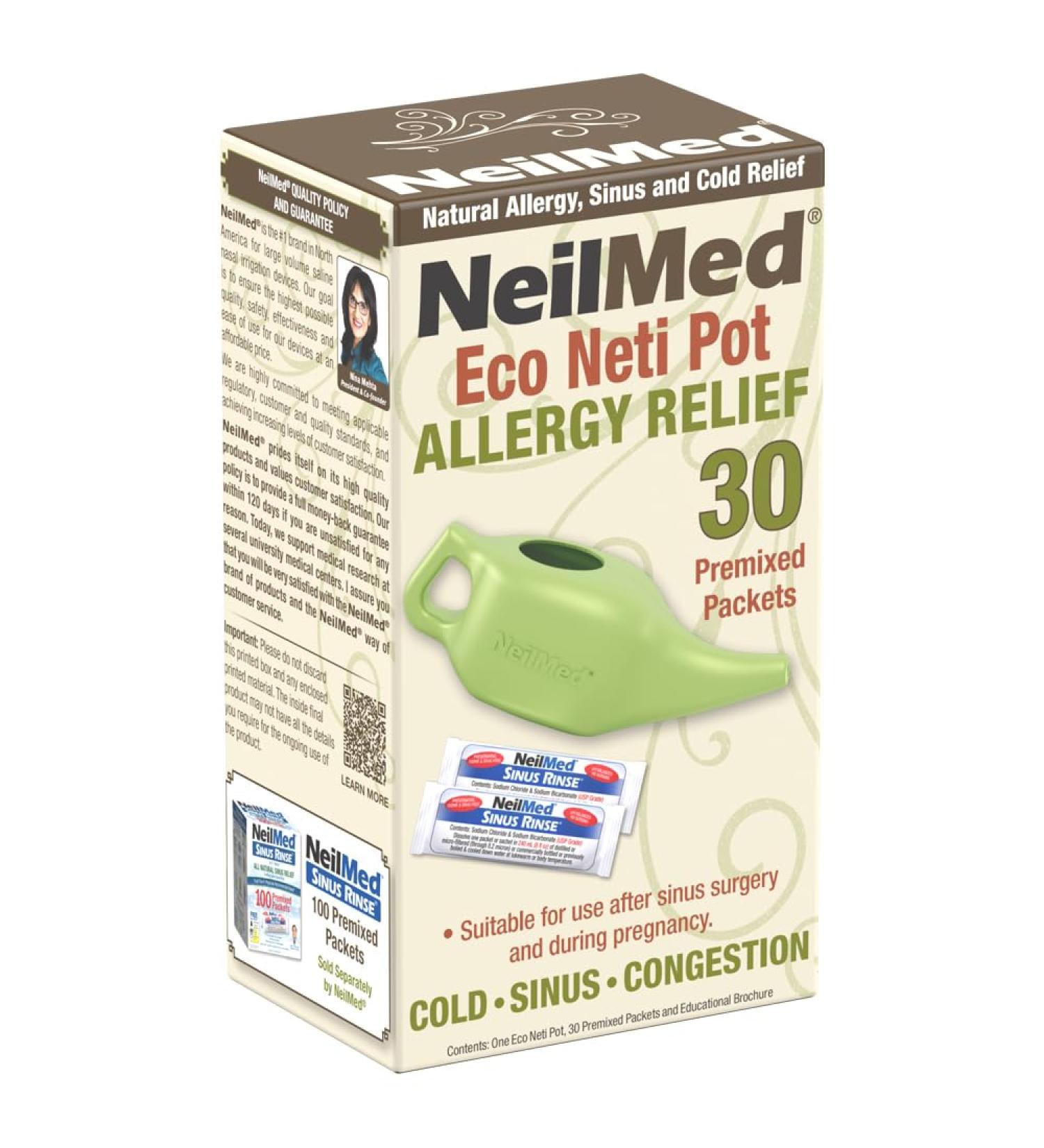 NeilMed NasaFlo Eco Neti Pot Sustainable Nasal Irrigation System for Sinus Relief BPA-Free & Eco-Materials Gentle Gravity Flow Includes 30 Sinus Rinse Premixed Packets Natural & Earth-Friendly - Buy Online on GoSupps.com