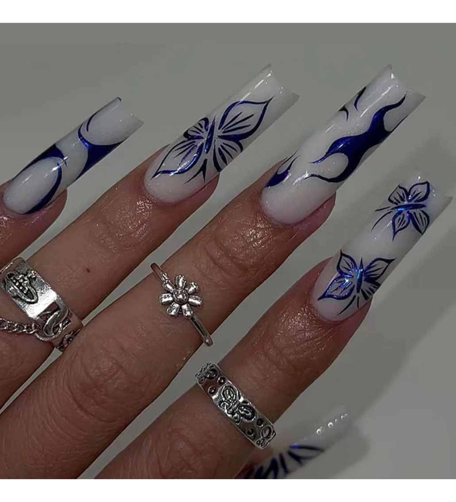Foccna Long Blue Press-On Nails - Square Full Cover Butterfly Acrylic Nails for Women & Girls - Glossy Finish 24PCS - Buy Online on GoSupps.com