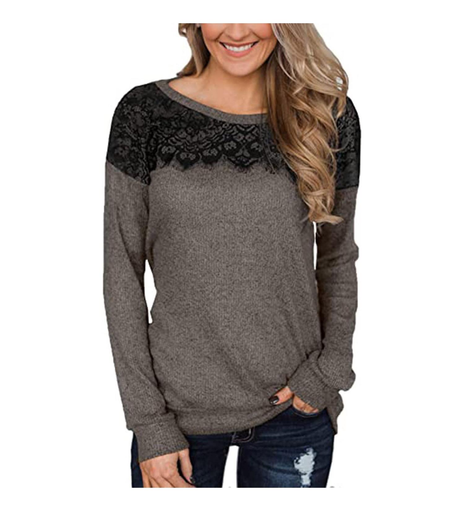 Coffee Knitted Lace Patchwork Tunic Top for Women - Cozy Winter Pullover Shirt - Buy Online on GoSupps.com