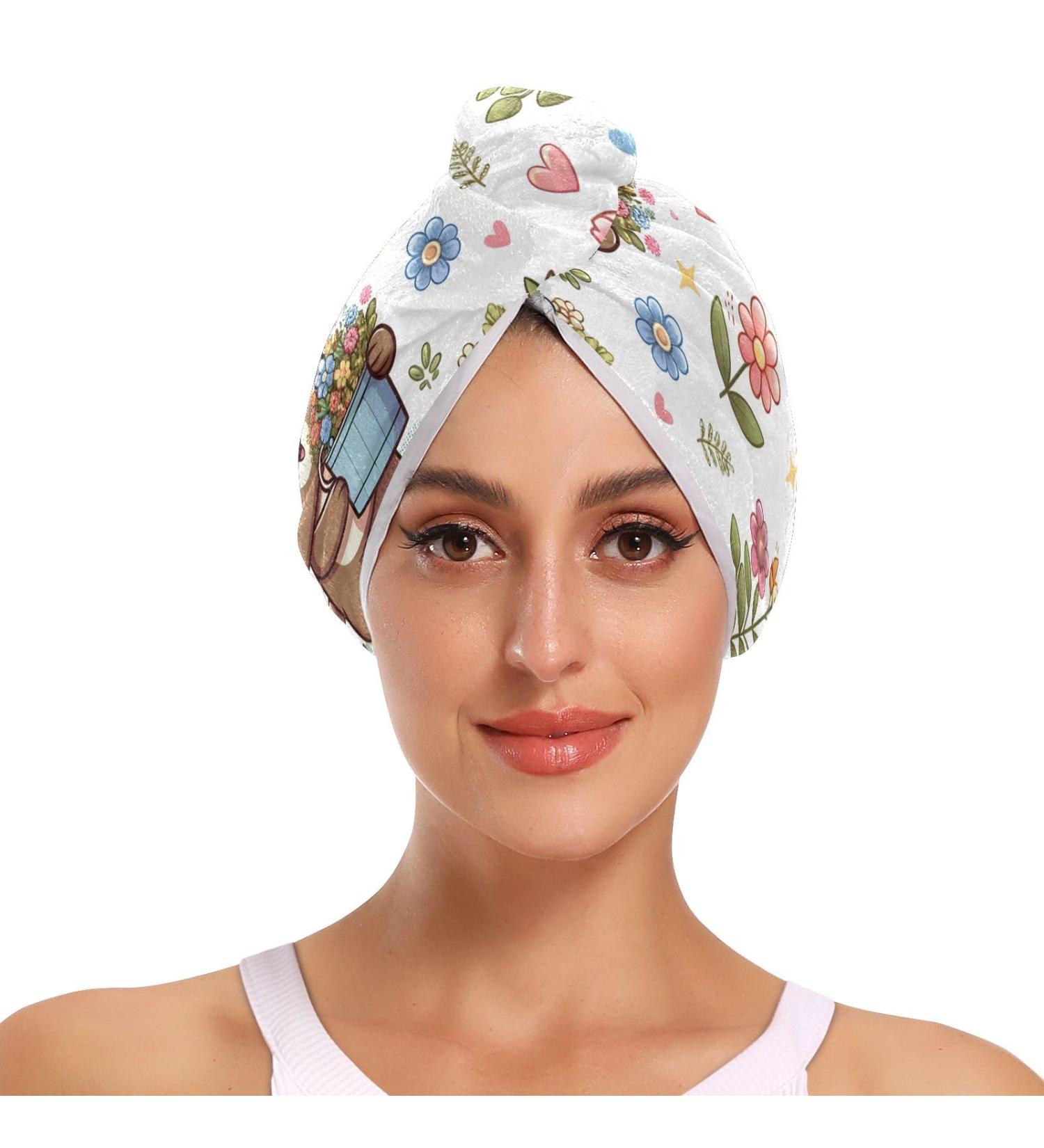 Cartoon Bear Flower Bucket Hair Towel 2 Pack - Super Absorbent Quick Dry Hair Turbans for Women & Girls - Buy Online on GoSupps.com