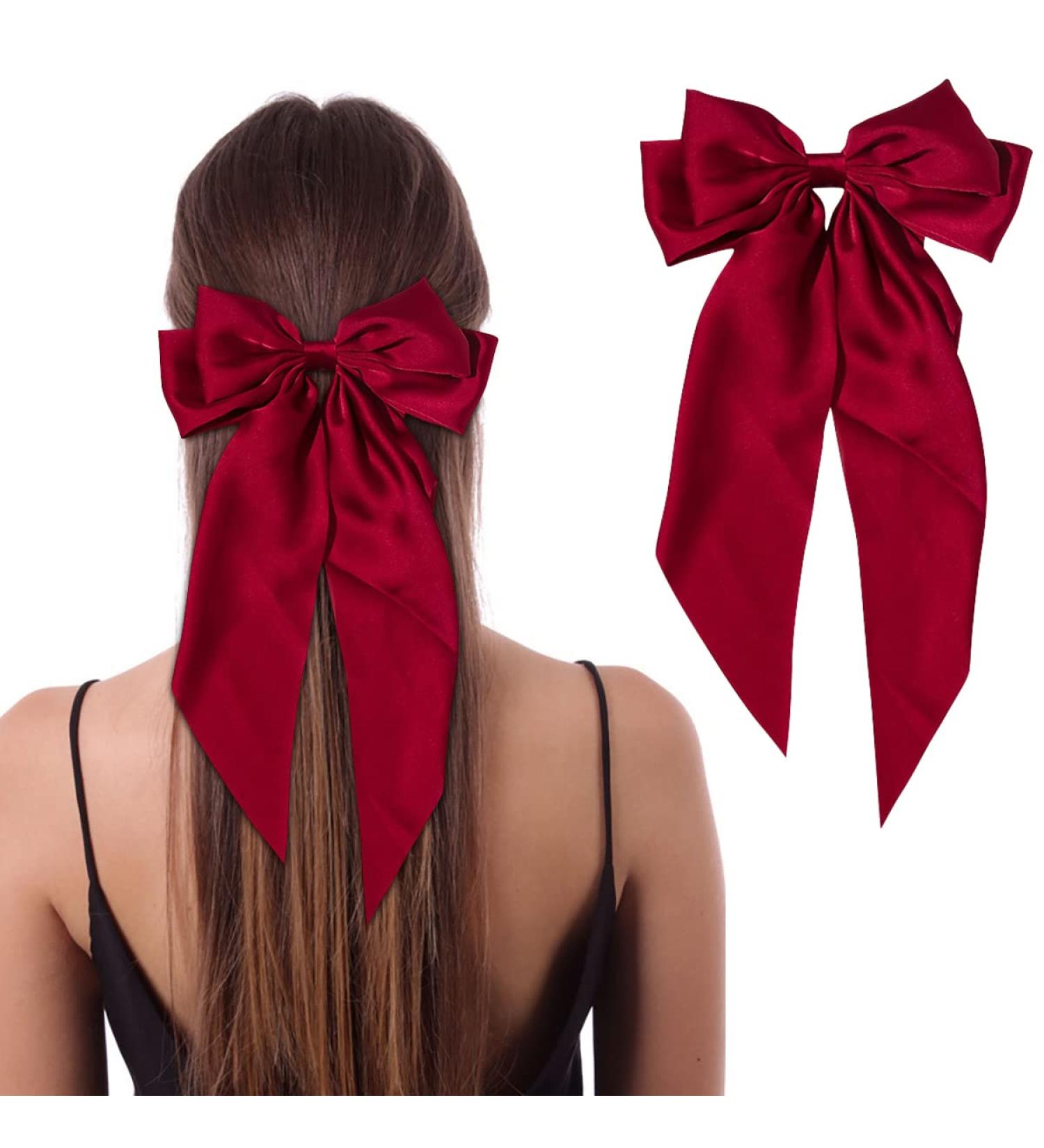 Silky Satin Jumbo Bow Clip with Tails in Red - Hair Barrette for Women and Girls - Buy Online on GoSupps.com