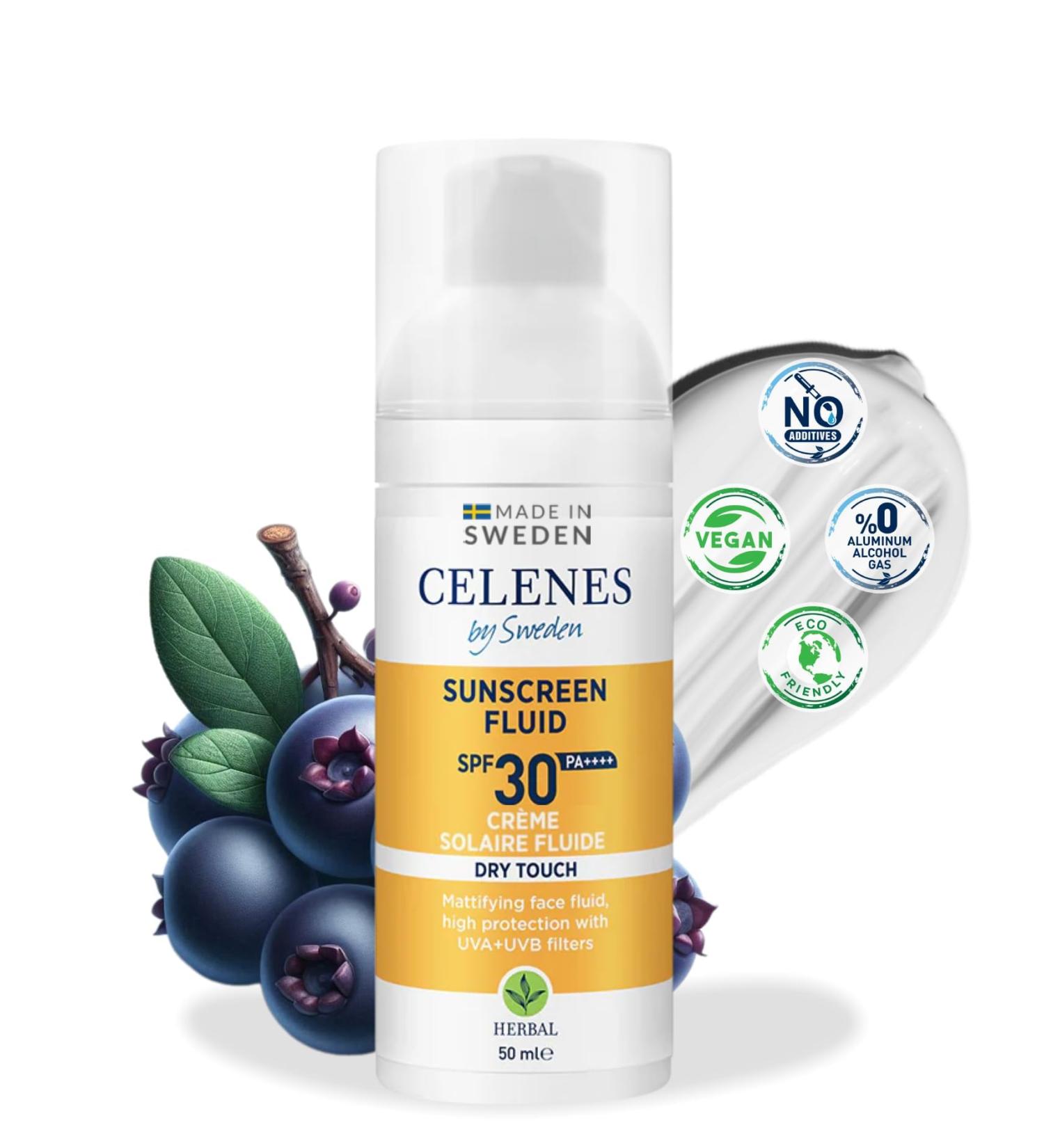 Celenes by Sweden Herbal Dry Touch Fluid Sun Cream SPF 30 50 ml Organic & Mineral Sunscreen Filters - Suncream Factor 30 Matte Finish UV Protection Sun Cream SPF 30 Waterproof Paraben/Perfume Free Sun Fluide SPF30+ - Buy Online on GoSupps.com