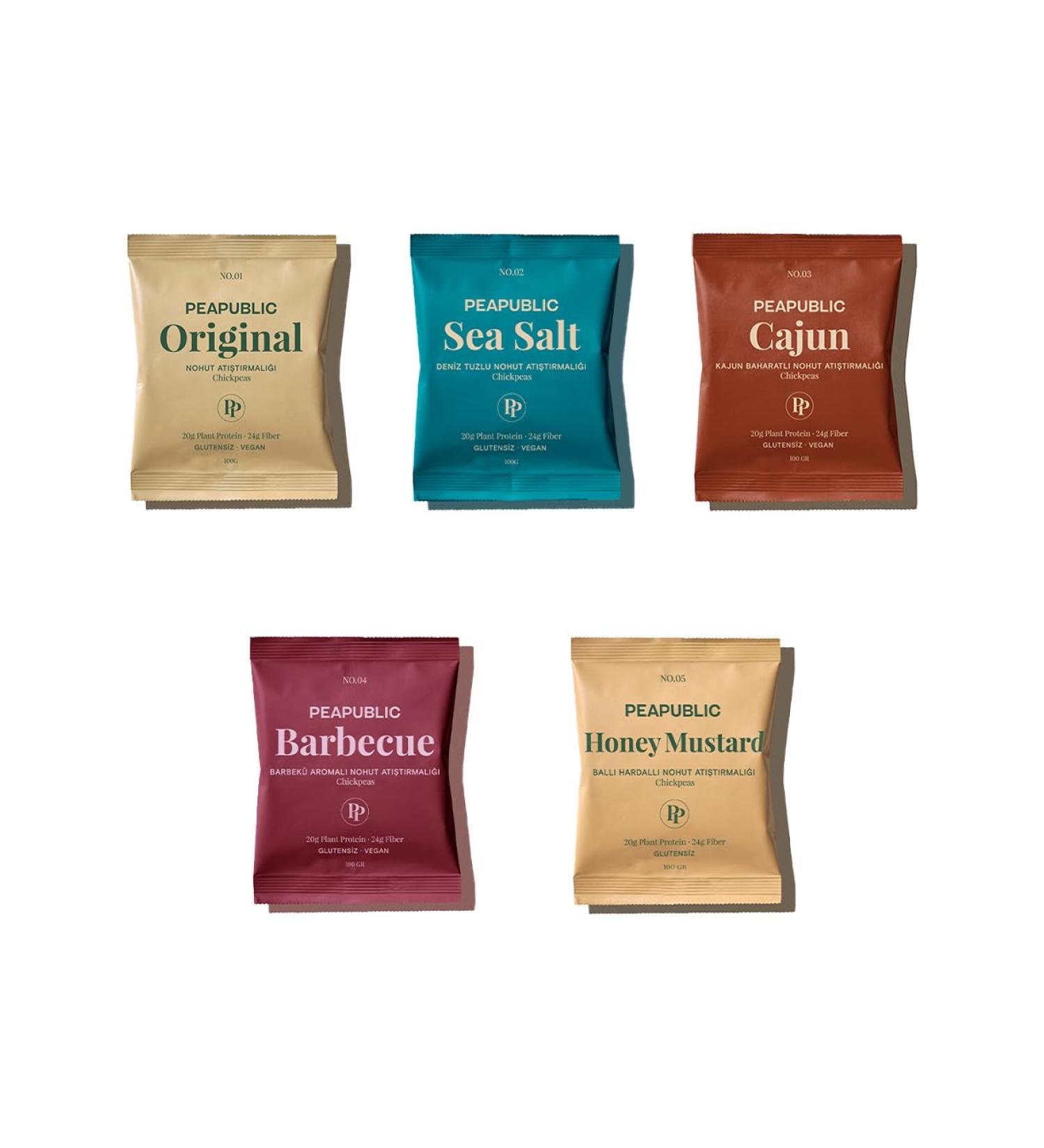 PEAPUBLIC Crunchy Roasted Chickpeas : Variety Pack I Original Sea Salt Cajun Barbecue Honey Mustard I High Plant Protein High Fibre Plant Based Good For You I 5 Packs (100 g each) - Buy Online on GoSupps.com