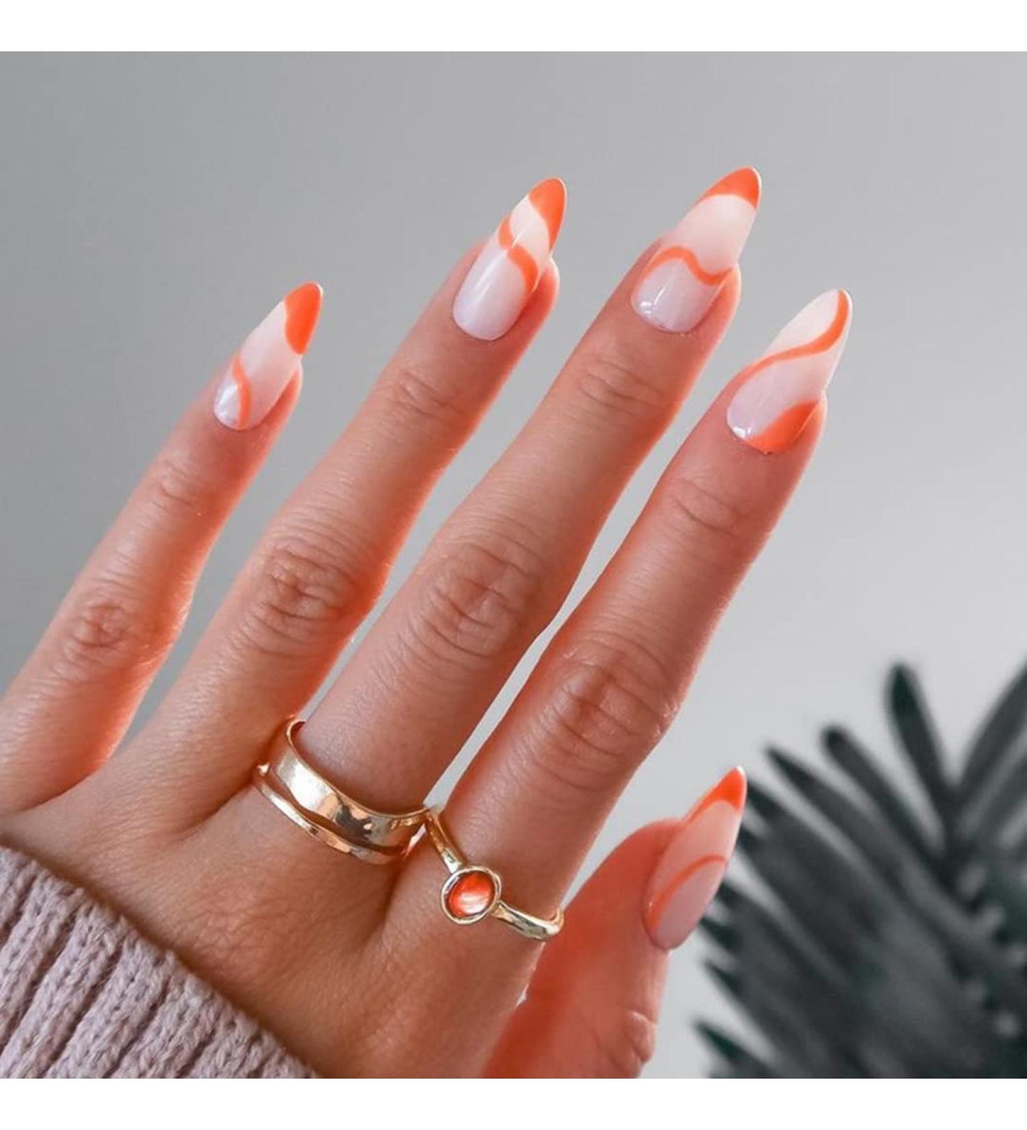 Sethexy Abstract Almond Shape False Nails - 24 Pcs Orange Swirl Acrylic Press-On Nails for Women & Girls - Buy Online on GoSupps.com