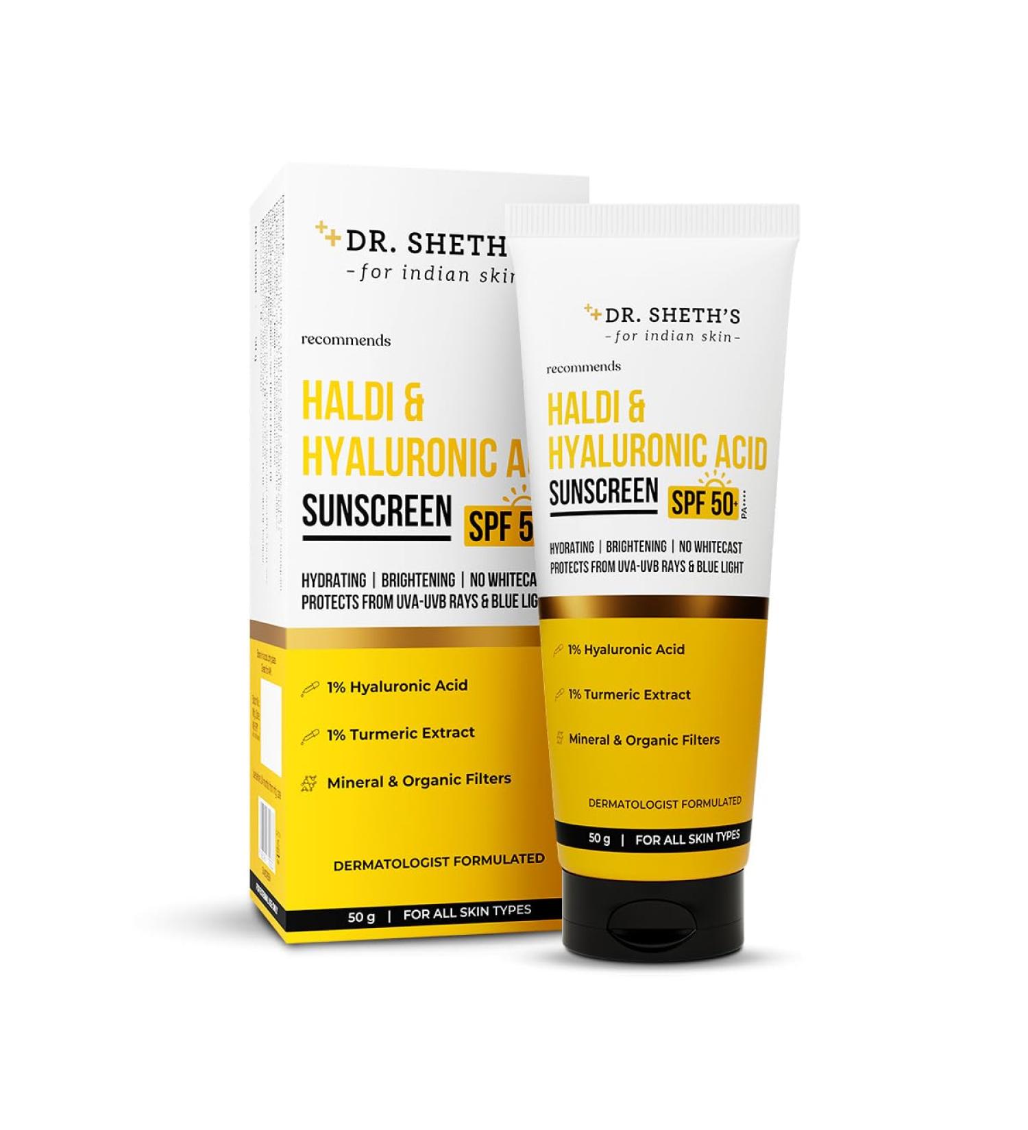 Dr. Sheth's Turmeric & Hyaluronic Acid Sunscreen with SPF 50+ & PA+++ | Helps Repair Skin Barrier with UVA/UVB & Blue Light Protection | Unisex Formula | 1.76 Oz/50 g - Buy Online on GoSupps.com