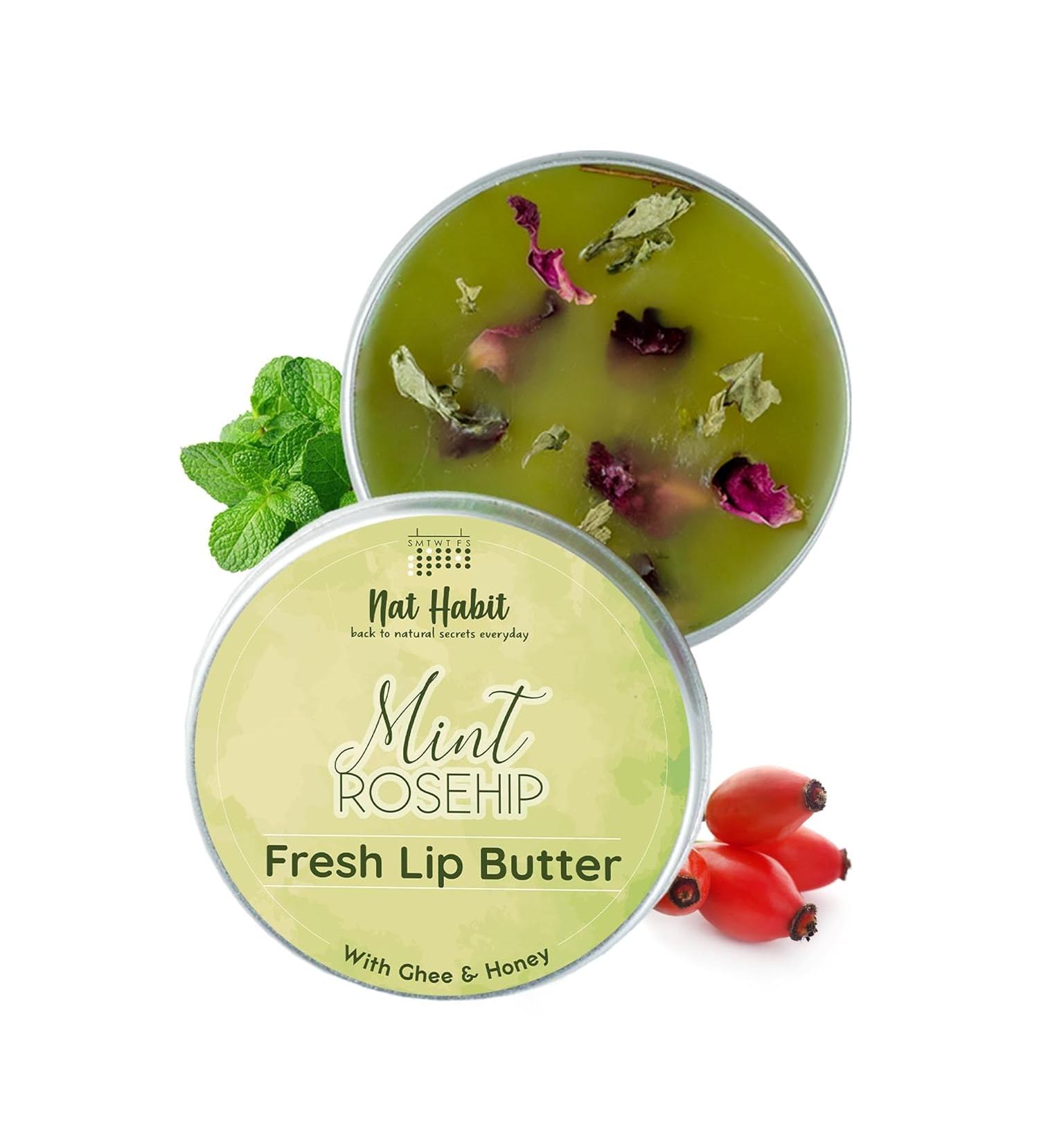 Mint Rosehip Lip Balm - Fresh Infused Lip Butter with Desi Ghee & Raw Honey for Lip Pigmentation Repair & Dark Chapped Lips - 10g | Buy Online - Buy Online on GoSupps.com