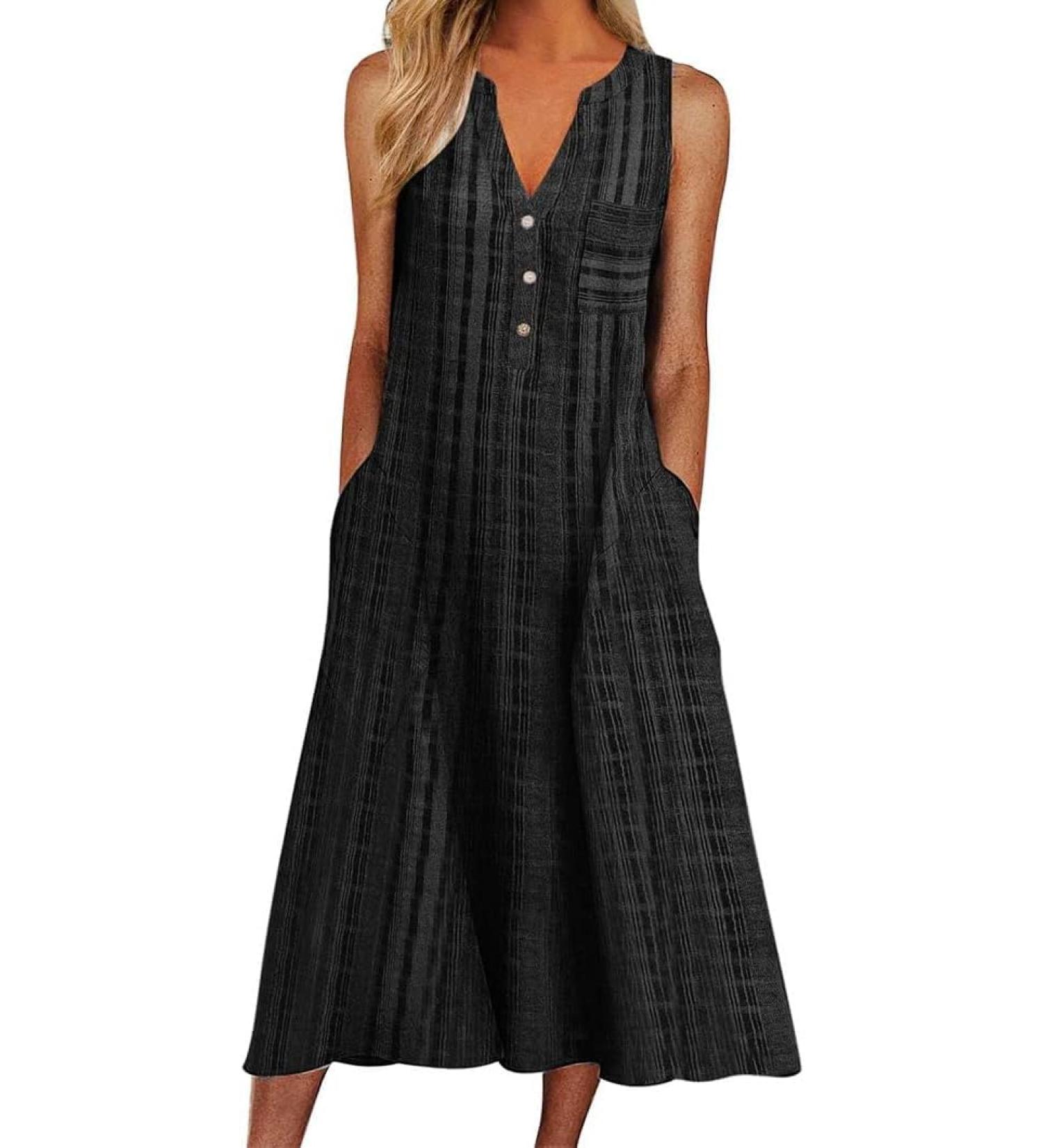 Women Casual Dress Summer Stripe Button V Neck Sleeveless with Pocket Long Dresses Holiday Beach Dress Black XX-Large - Buy Online on GoSupps.com