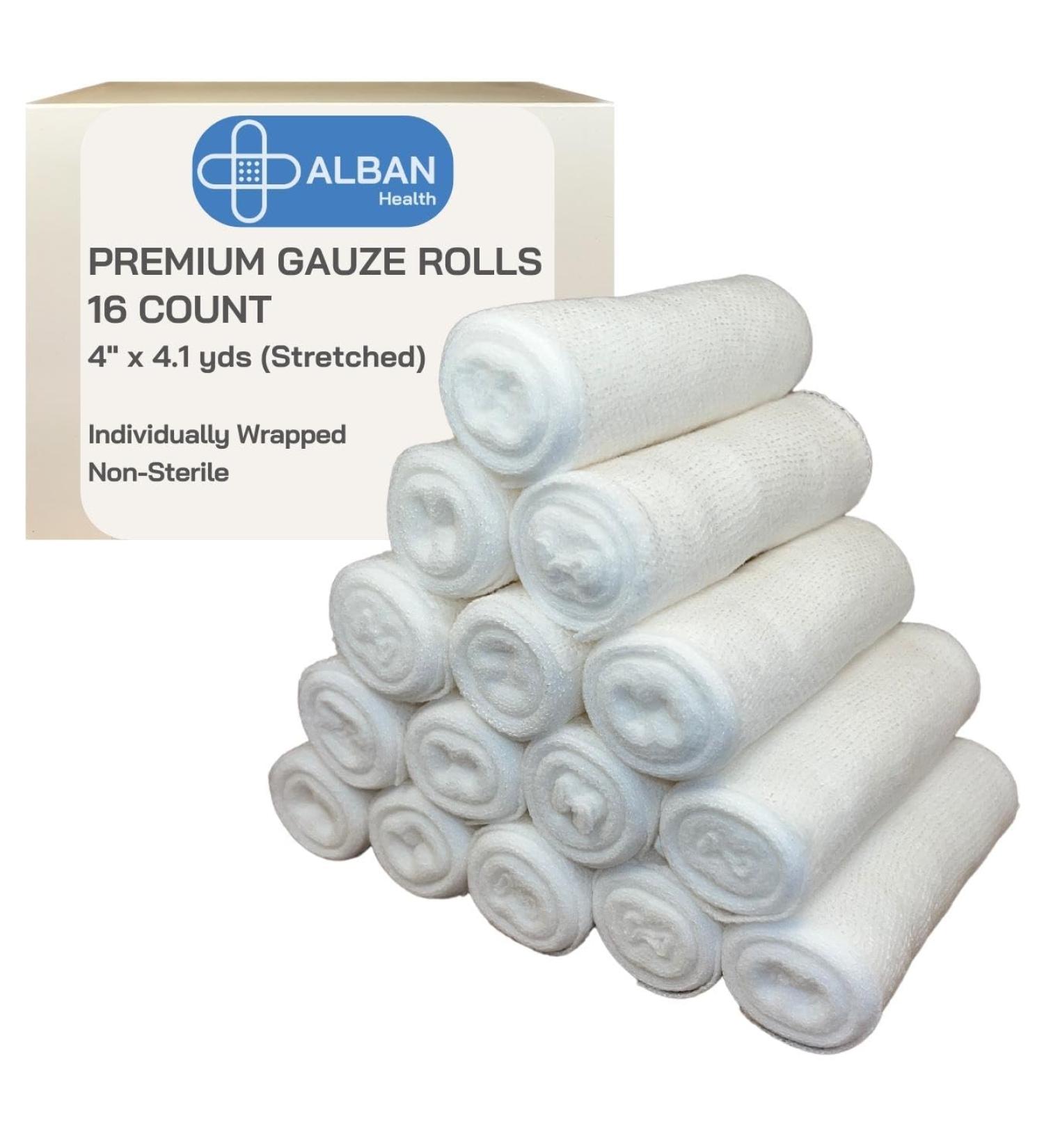 ALBAN Premium Bandaging Gauze Roll 4x4.1 yds - Box of 16, Individually Wrapped Medical Grade Stretch Rolled Gauze - Hospital Quality Elastic Bandage - Buy Online on GoSupps.com