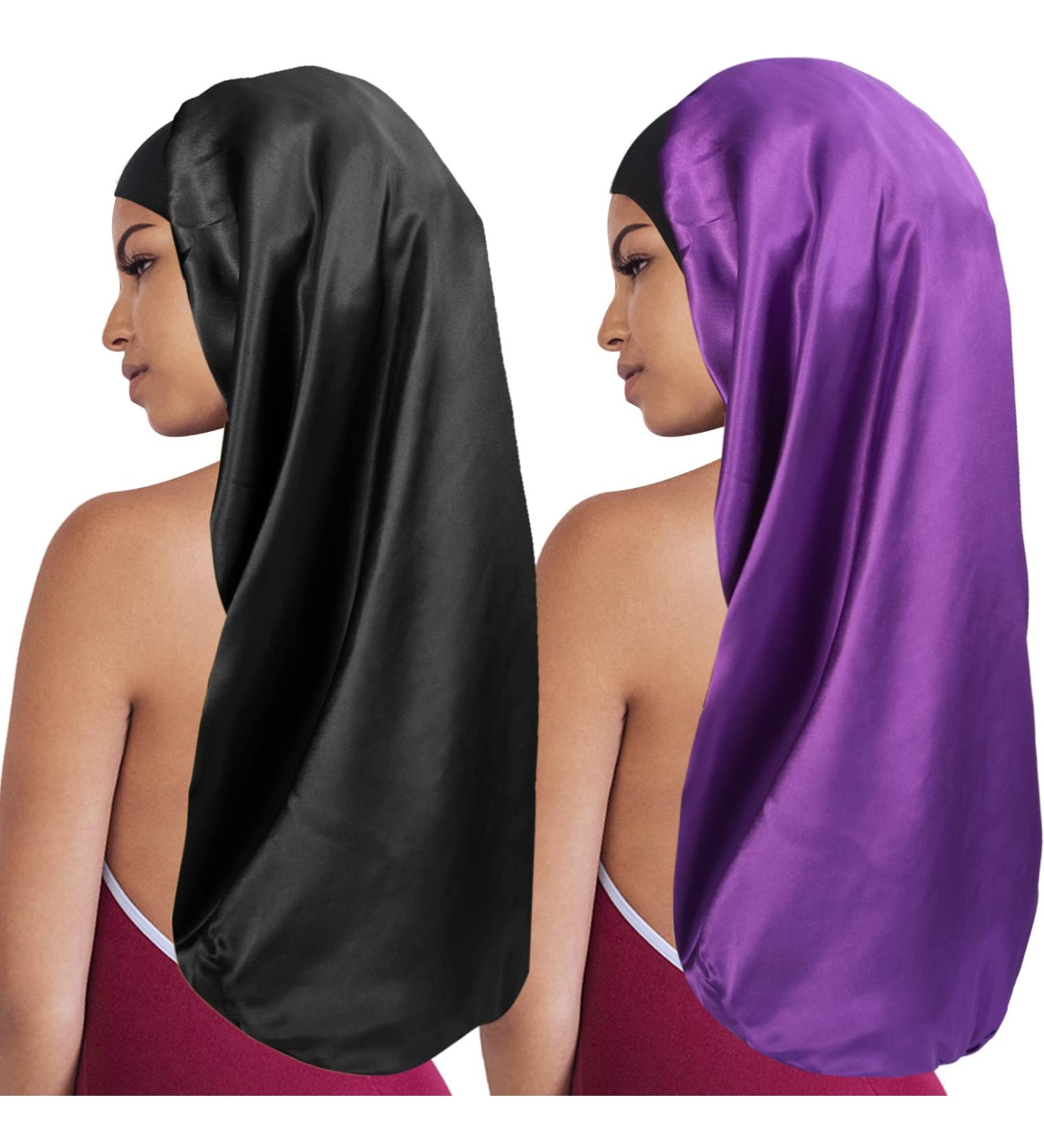 Extra Large Silk Sleep Cap for Women | Long Satin Bonnet with Wide Elastic Band | Comfortable Night Hat for Braids | Black Purple - Buy Online on GoSupps.com