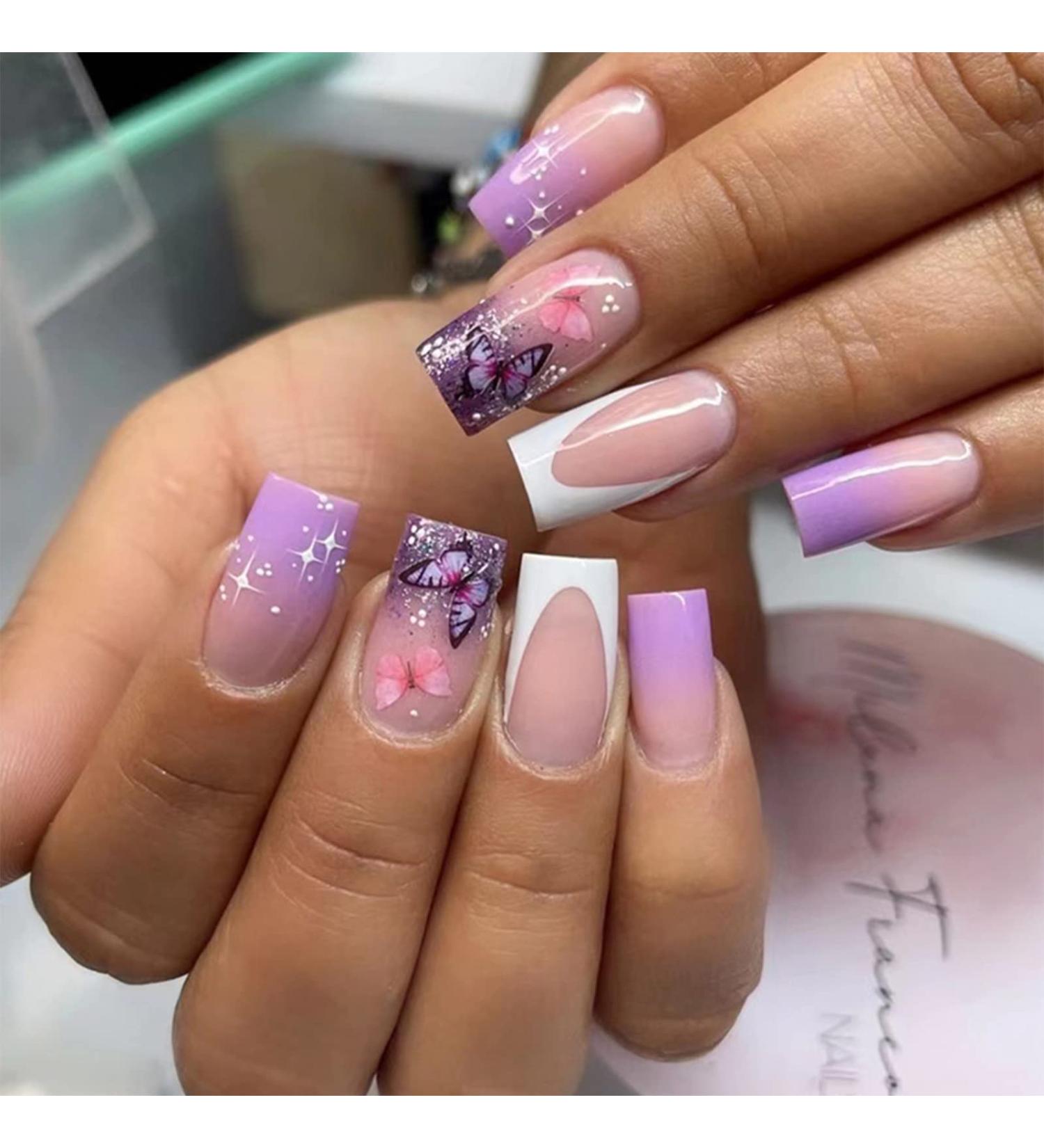 24pcs Short Square Purple Butterfly French Tip Fake Nails - Nail Art Accessories - Buy Online on GoSupps.com