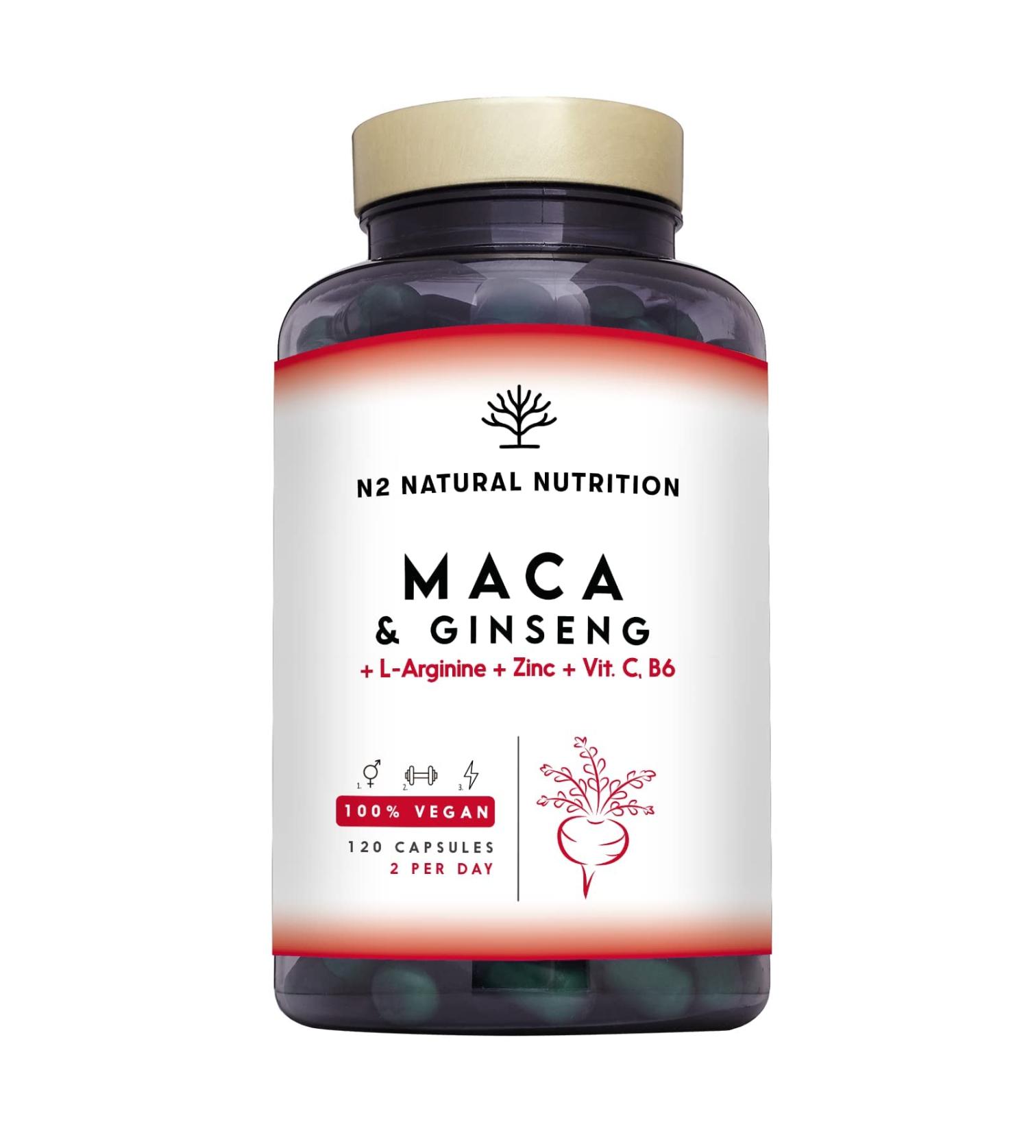 Maca Root Ginseng L-Arginine Energy Booster Capsules | Sports Performance Support with Zinc Vitamin C & B | Antioxidant Formula for Reduced Fatigue | 120 Vegan Capsules by N2 Natural Nutrition - Buy Online on GoSupps.com