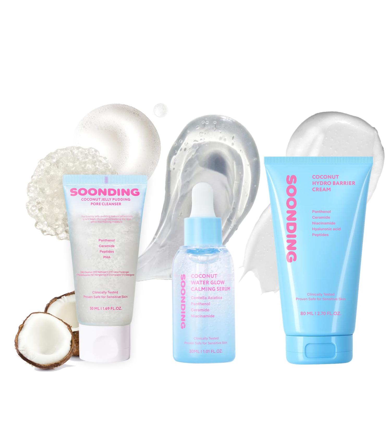 SOONDING Coconut Korean Glass Skin Triple Set - Coconut Jelly Pudding Pore Cleanser (50ml 1.69 fl oz) Water Glow Calming Serum Hydro Barrier Cream Set - Buy Online on GoSupps.com