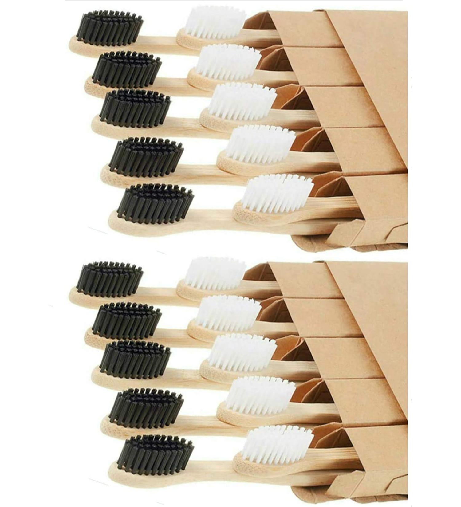 20 Eco-Friendly Bamboo Toothbrushes Set | BPA-Free Bristles | Black & White Wooden Handle for Adults - Buy Online on GoSupps.com