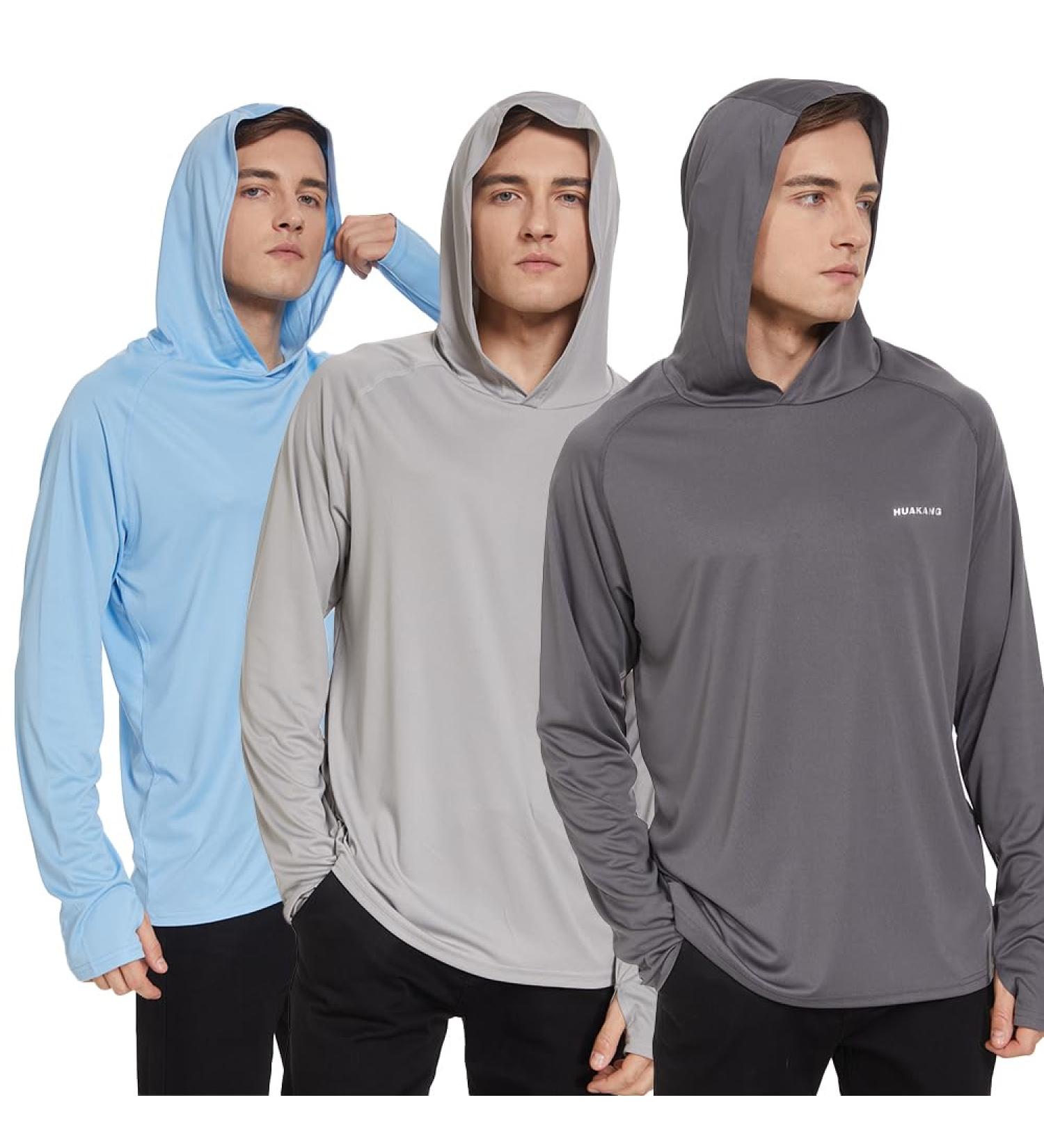 HUAKANG Men's Long Sleeve Hooded Rashguard - UPF50+ Sun Protection Fishing & Surfing Shirt in Gray & Blue - Buy Online on GoSupps.com