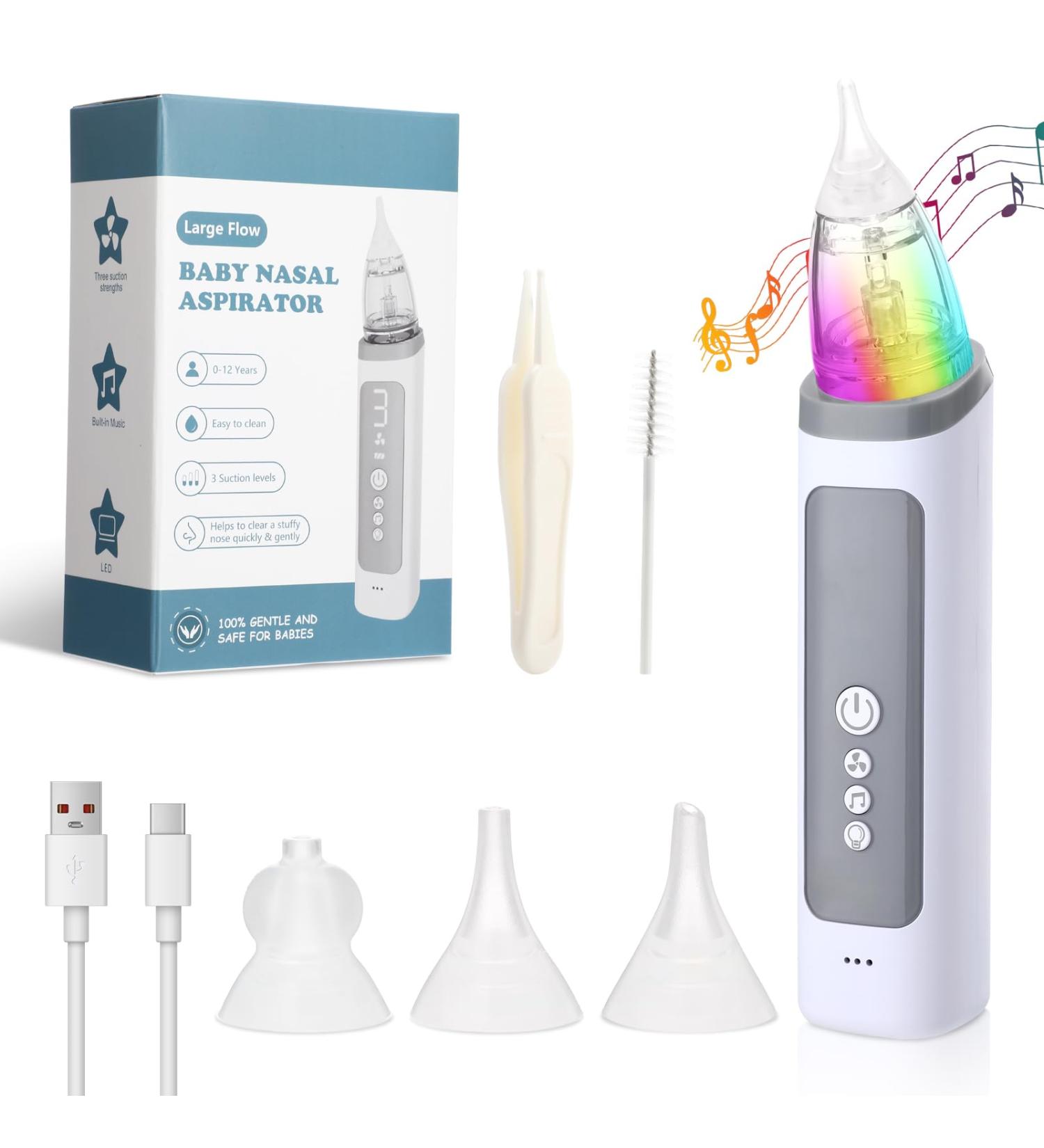 Electric Baby Nasal Aspirator with 3 Suction Levels & Silicone Tips - Rechargeable Nose Cleaner for All Ages 0+ - Light & Music Soothing Function - Grey - Buy Online on GoSupps.com