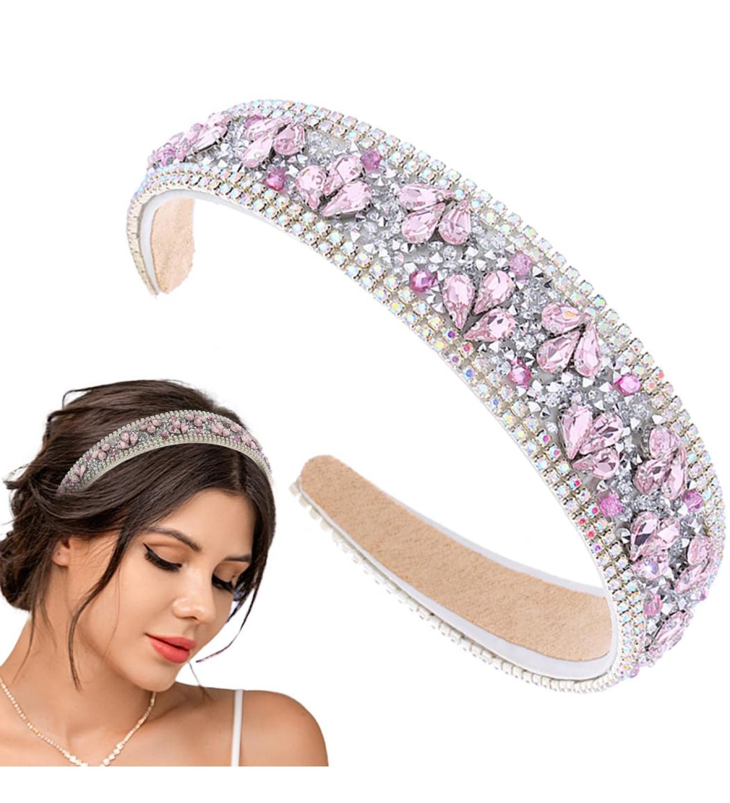 Flayem Rhinestone Headband Glitter Sparkly Crystal Hair Hoop Gorgeous Padded Wide Hair band Jewelry Accessories Prom Banquet Headwear for Women and Girls (Pink) - Buy Online on GoSupps.com