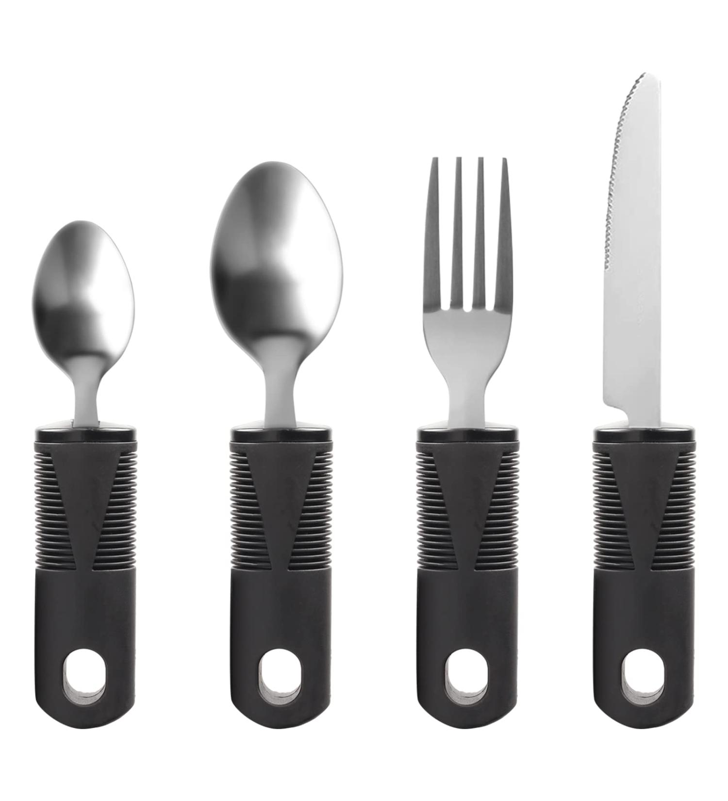 Amfrar 4-Piece Cutlery Set for Parkinson's - Easy Grip Utensils for Seniors & Arthritis | Adaptive Thick Grip Fork & Teaspoons (Black) - Buy Online on GoSupps.com