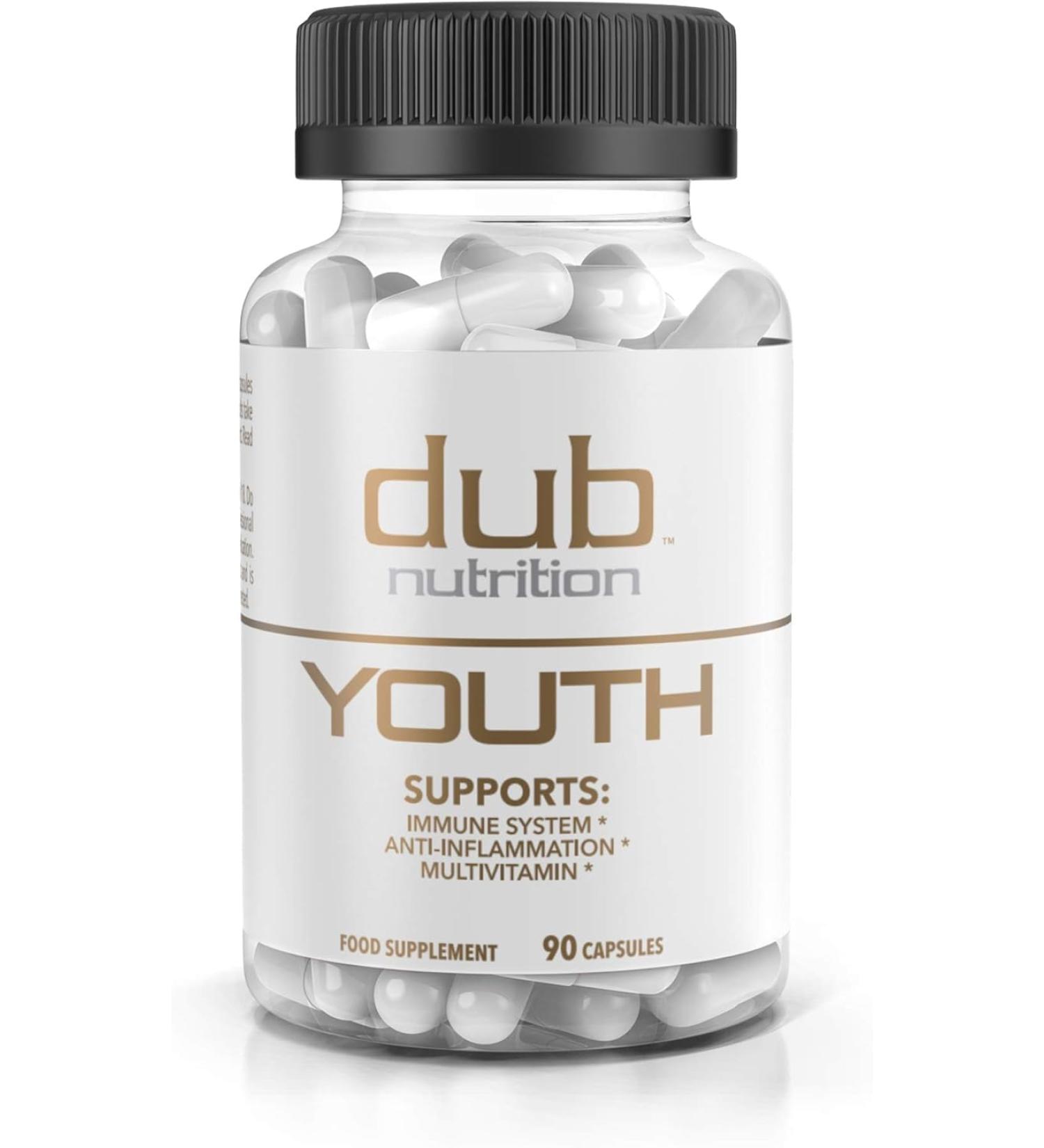 Dub Nutrition Youth - Formula with Acai, Resveratrol, Curcumin, Vitamins A, C, D, E, B12, and CoQ10 - Supports Immunity and Mobility - 90 Capsules - Buy Online on GoSupps.com