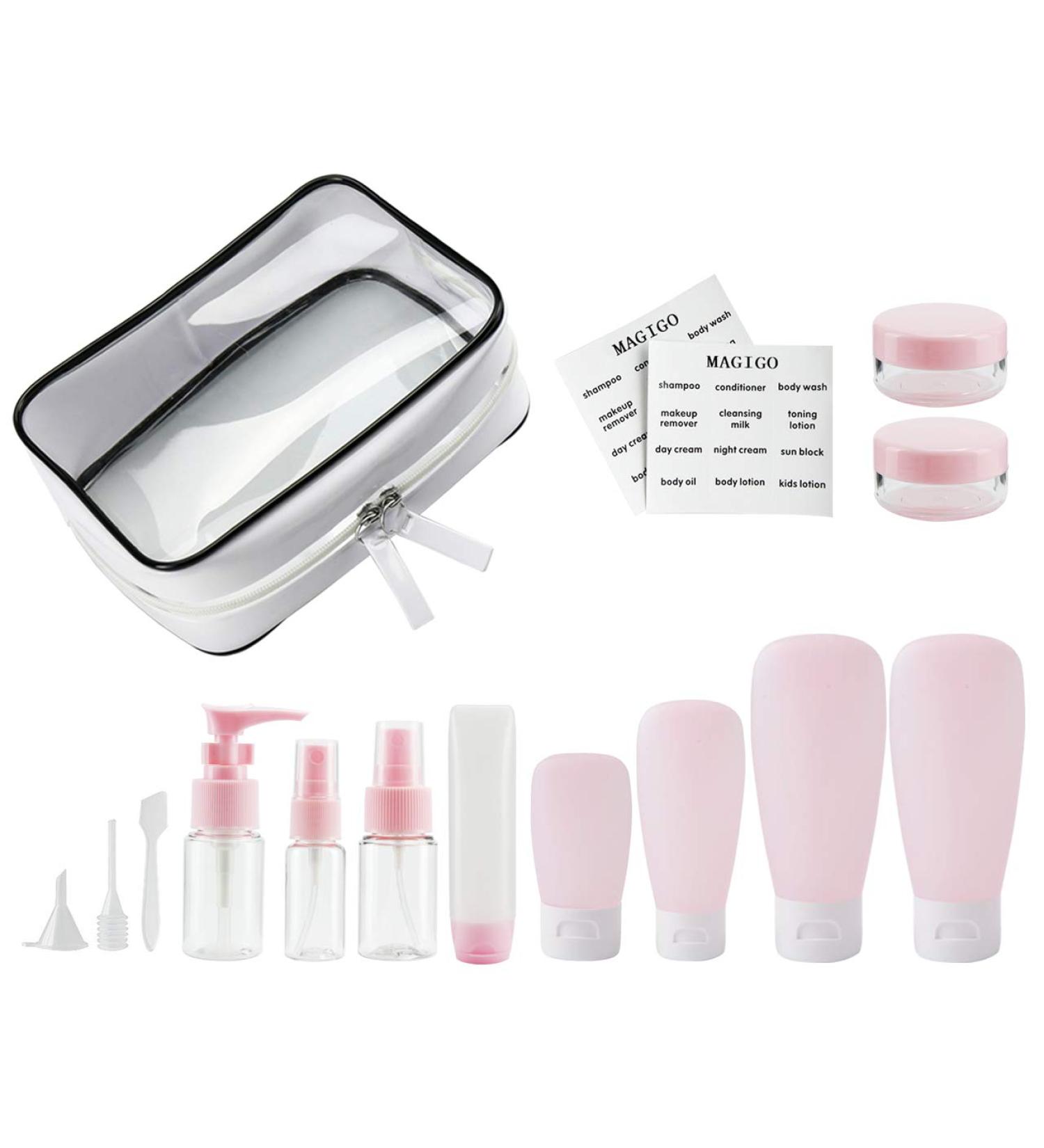 16 Pack MAGIGO Pink Toiletries Travel Bottle Set | TSA Approved Leak Proof Airline Carry-On for Women - Buy Online on GoSupps.com