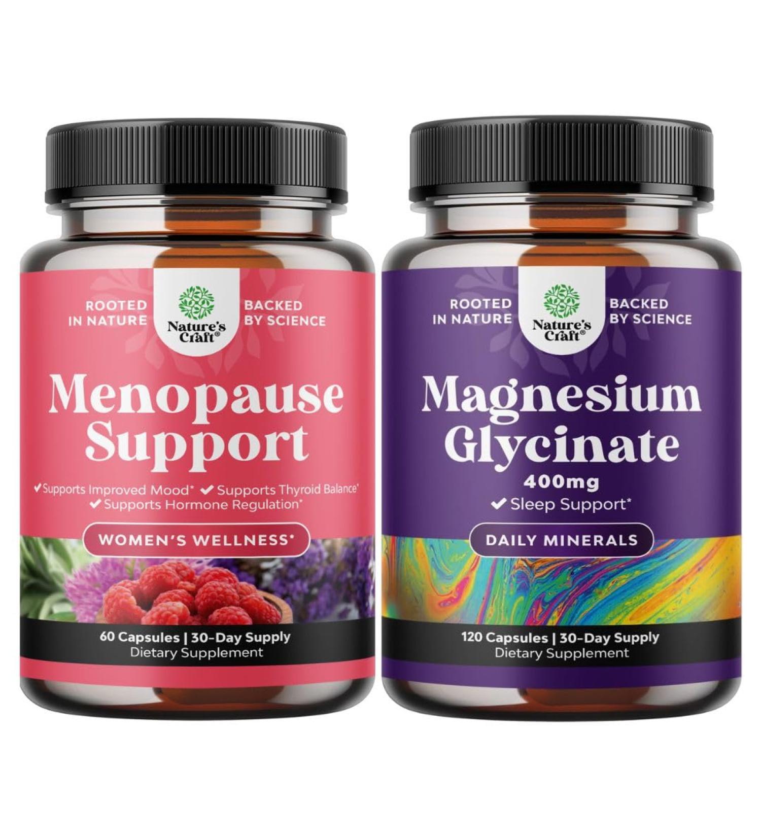 Bundle of Complete Herbal Menopause Supplement for for Night Sweats Hot Flashes & Mood Swings and Pure Magnesium Glycinate Supplement 400mg Per Serving - High Absorption Chelated Magnesium Capsules - Buy Online on GoSupps.com