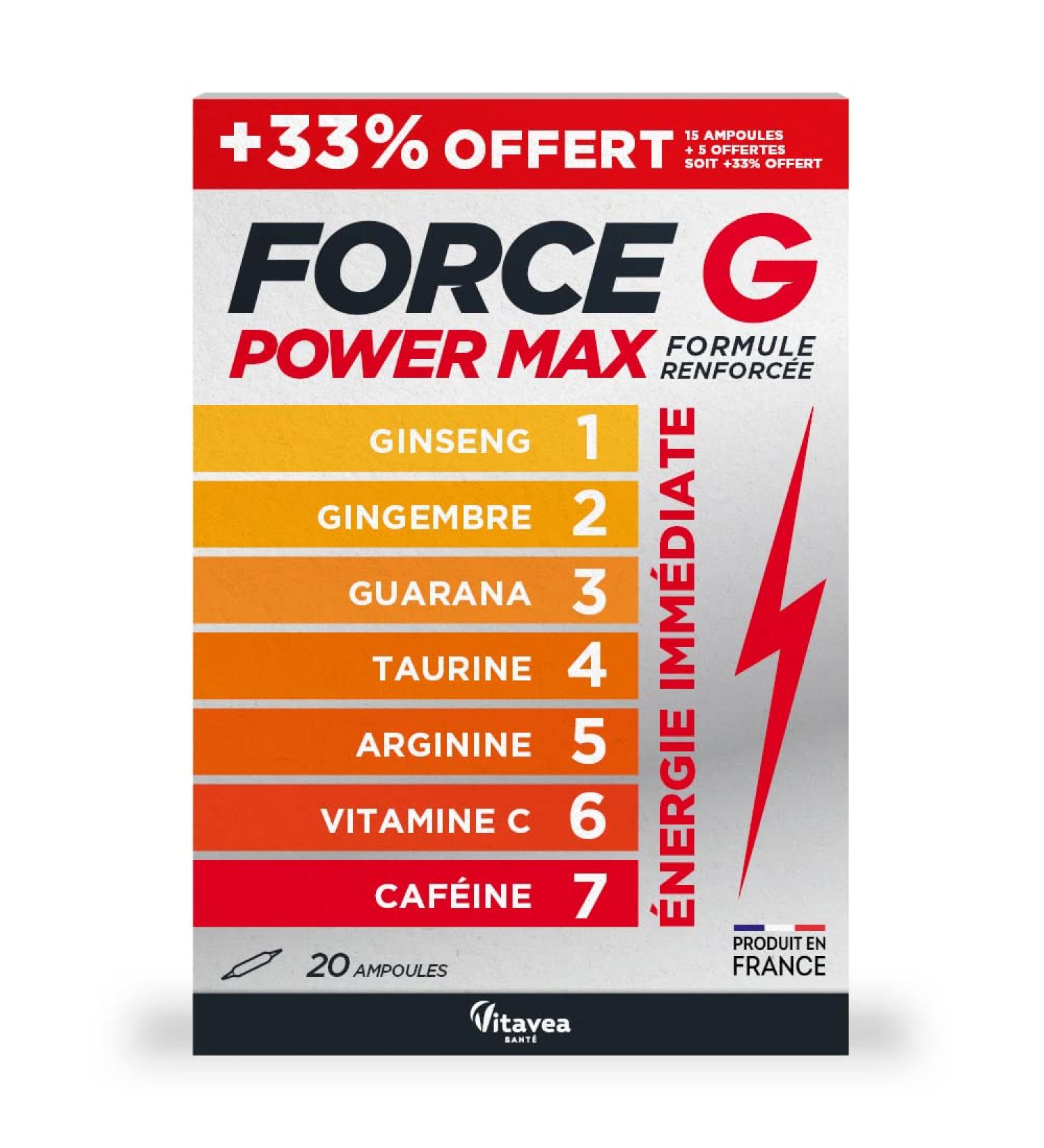Vitavea - Force G Power Max Strengthened Formula - Immediate Energy Booster 7 active ingredients - Ginseng Ginger Guarana Taurine Arginine Vitamin C Caffeine - 20 ampoules - 20 days - Made in - Buy Online on GoSupps.com