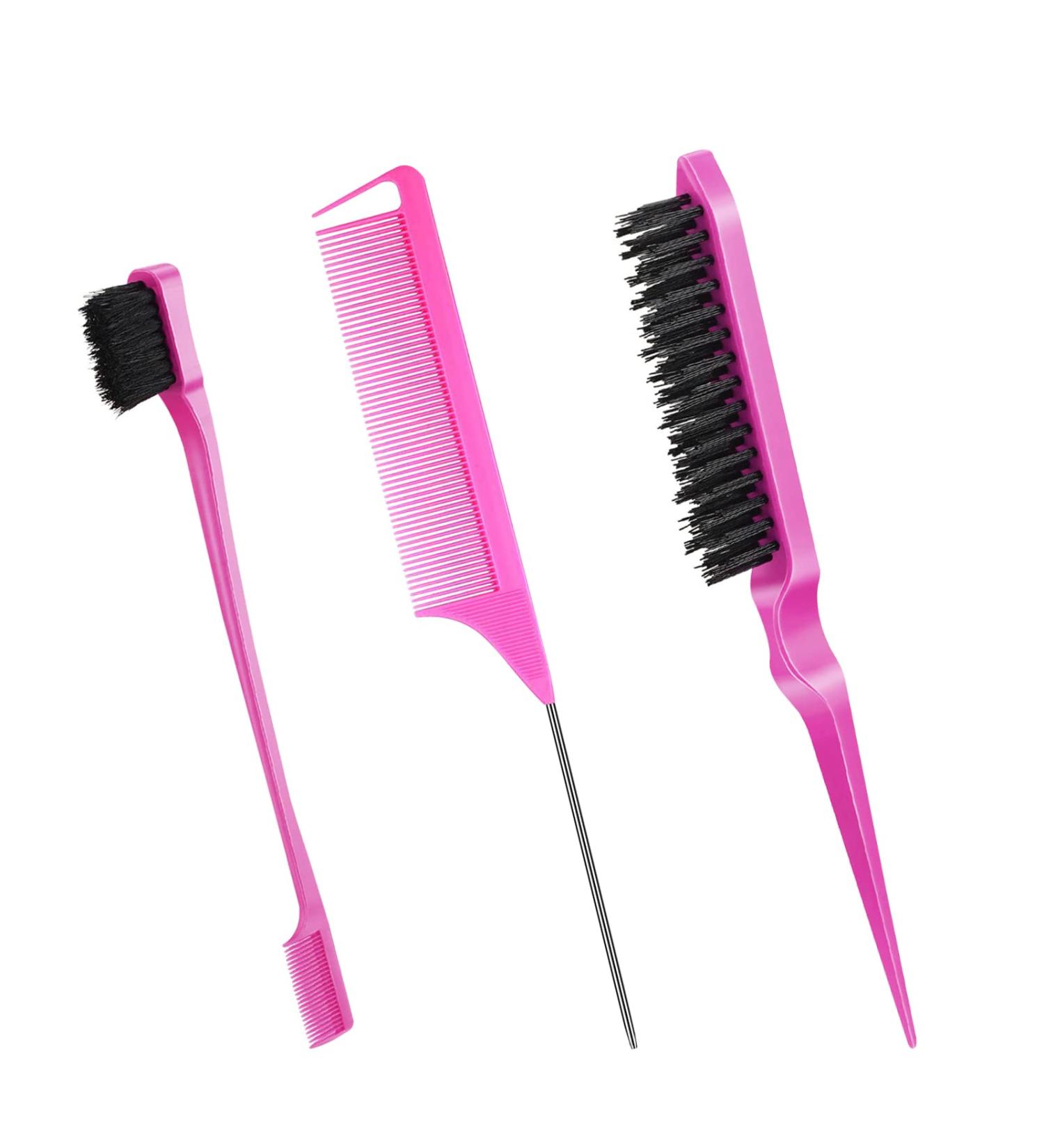 Slick Back Hair Comb Set - Double-Sided Edge Brush, Rat Tail Comb, Hair Dye Brush - Smoothing Hair Brushes for Women, Men, Babies - Rosy - Buy Online on GoSupps.com