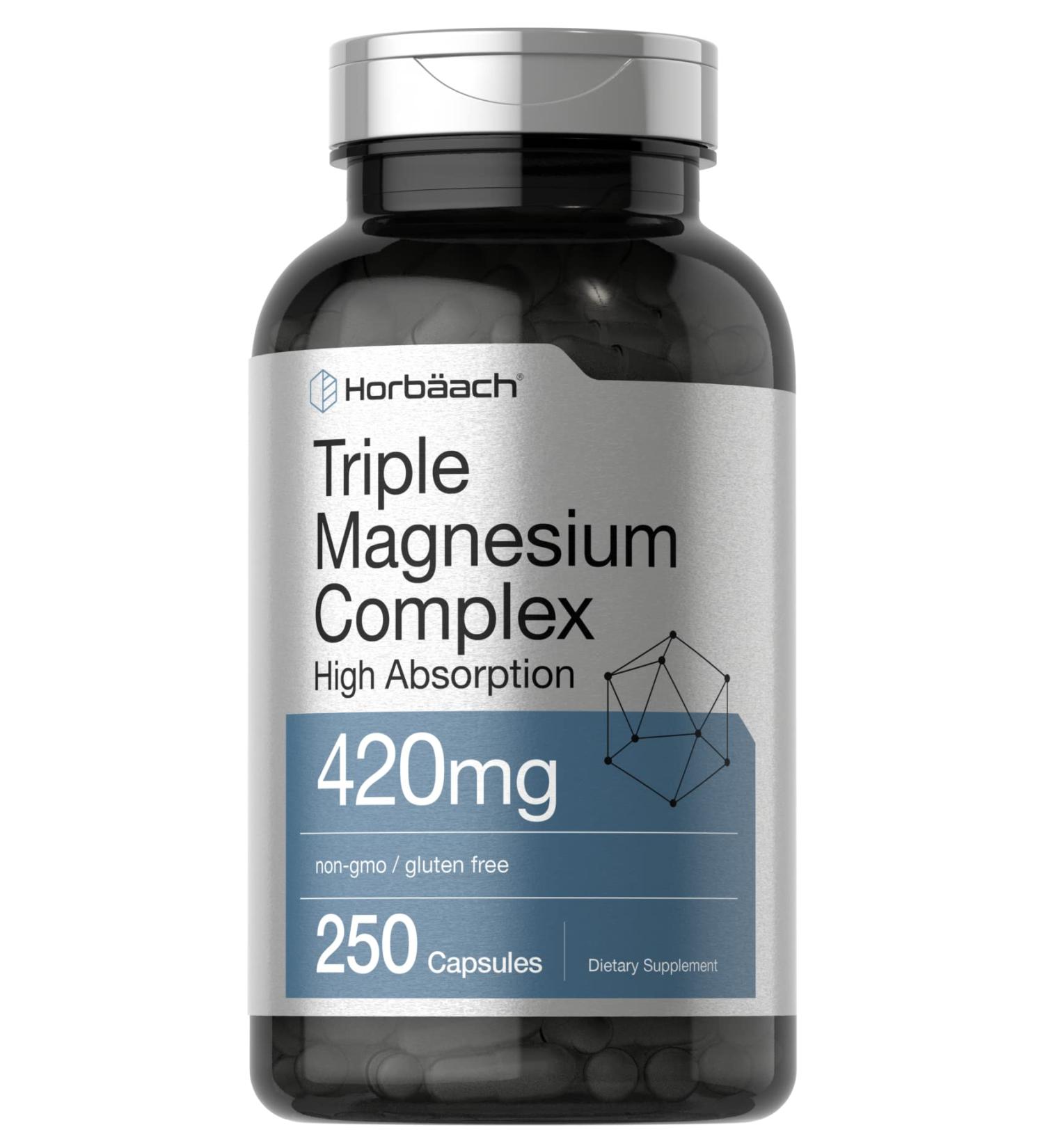 Triple Magnesium Complex 420mg | 250 Capsules | Non-GMO & Gluten-Free | Oxide, Citrate & Aspartate Formula | Dietary Supplement by Horbaach - Buy Online on GoSupps.com