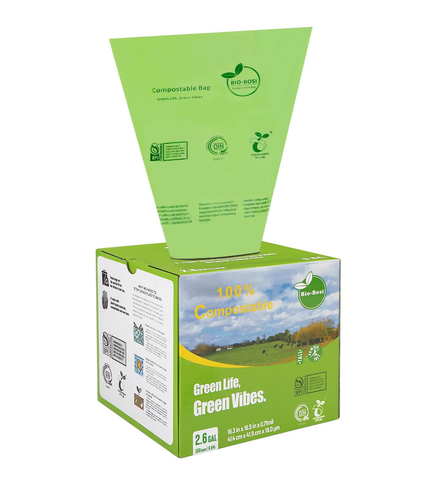 Bio-Bosi 2.6 Gallon Compostable Trash Bags - 100 Count, Extra Thick 0.71 Mil, ASTM D6400 & Europe OK Compost Home Certified - Biodegradable Small Trash Bags for Kitchen - Buy Online on GoSupps.com