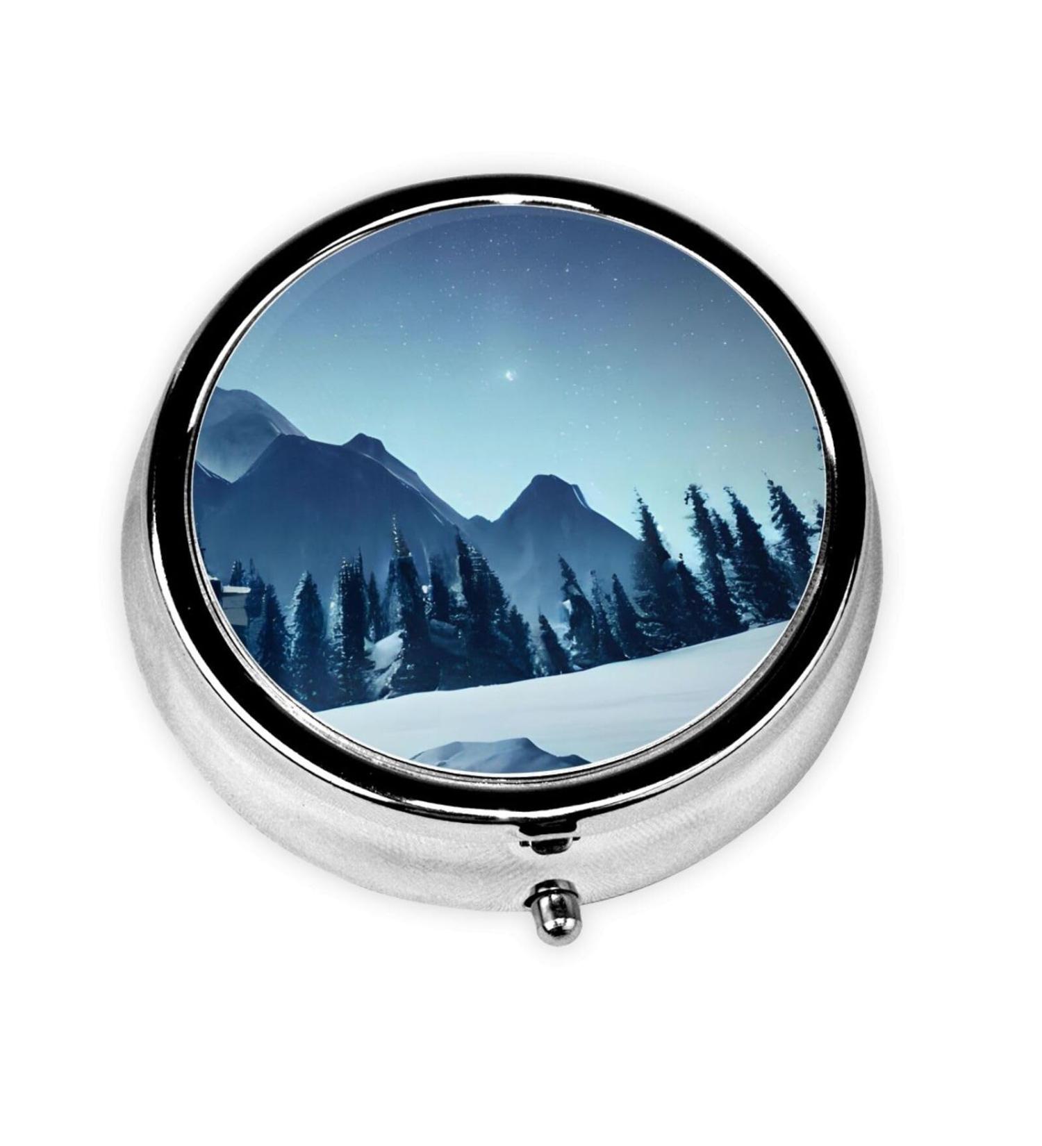 Snowy Forestround Pill Box - 3 Compartment Portable Travel Pill Organizer for Purse & Pocket - Buy Online on GoSupps.com