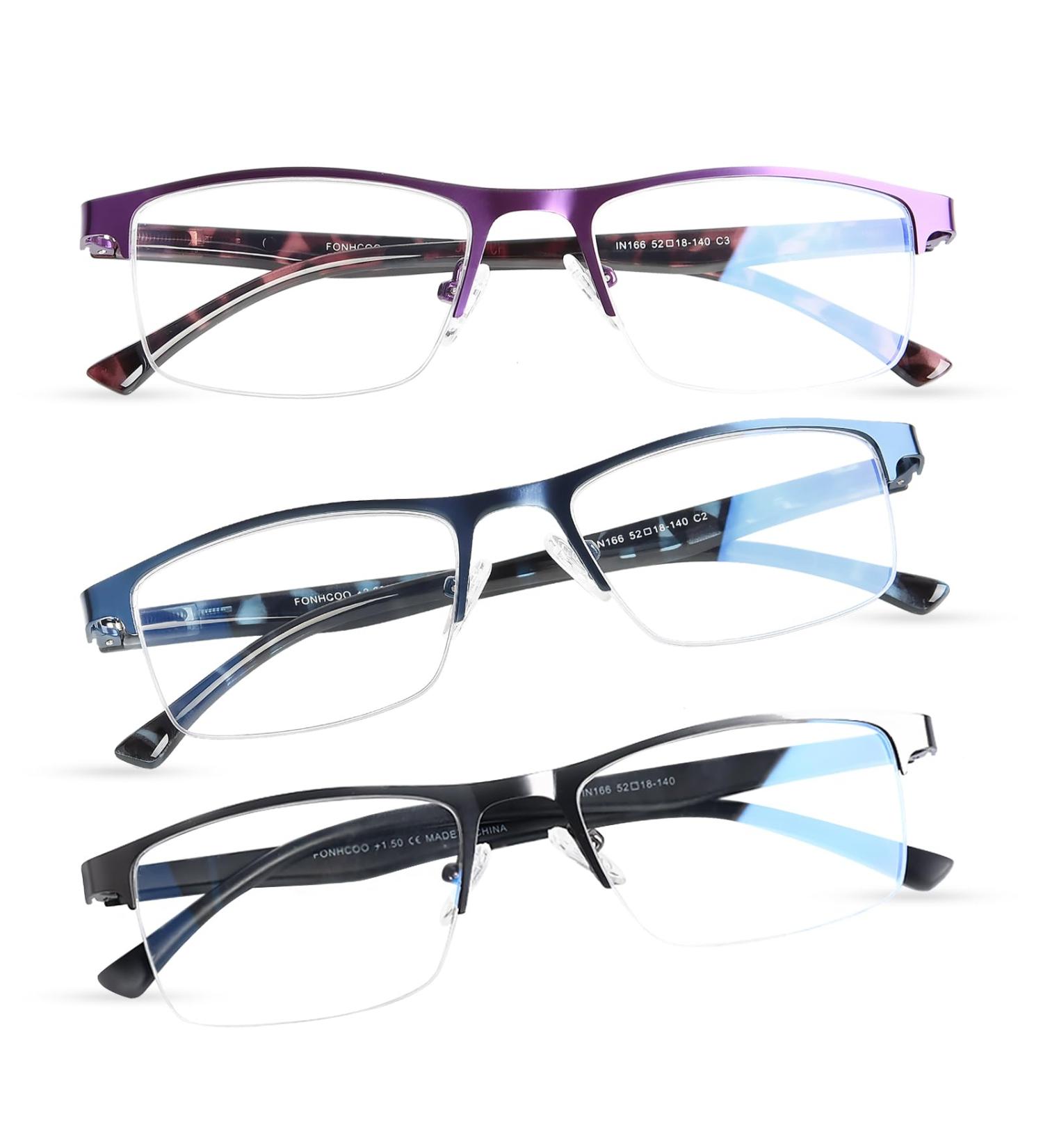 FONHCOO Halbrand Reading Glasses for Men & Women | Blue Light Filter | Visual Aid for Seniors | Available in Purple Blue Gray | 2.0x Magnification - Buy Online on GoSupps.com